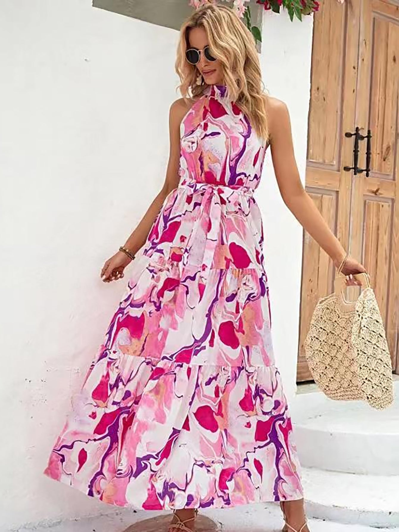 Pink Halter Long Summer Boho Vacation Dress - Fashionpara