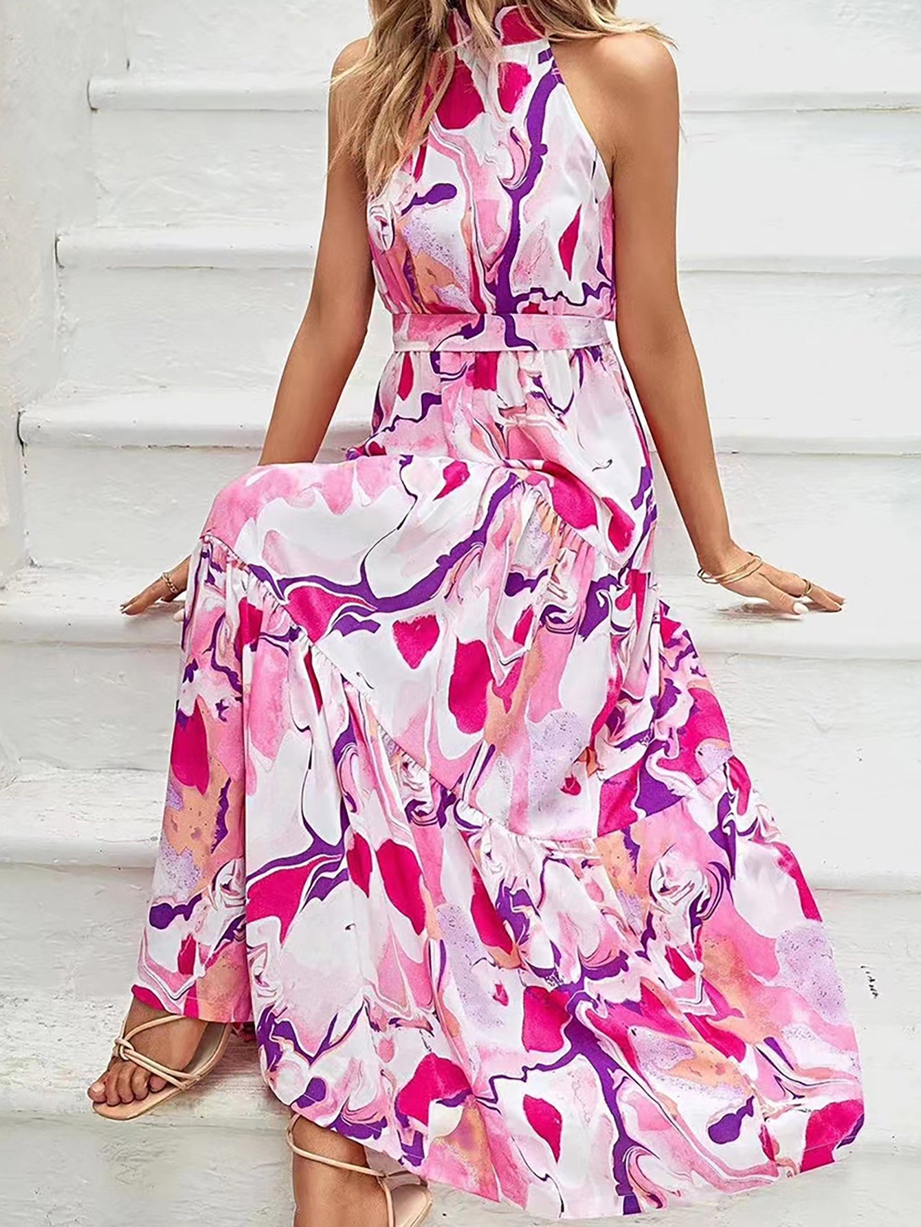 Pink Halter Long Summer Boho Vacation Dress - Fashionpara