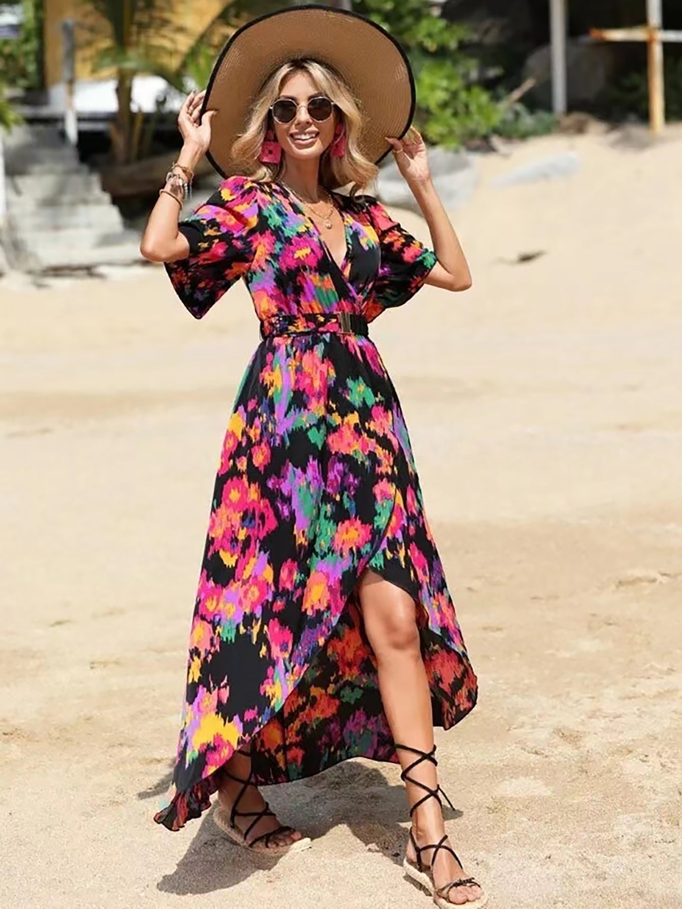 Black V Neck Beach Long Summer Vacation Dress - Fashionpara