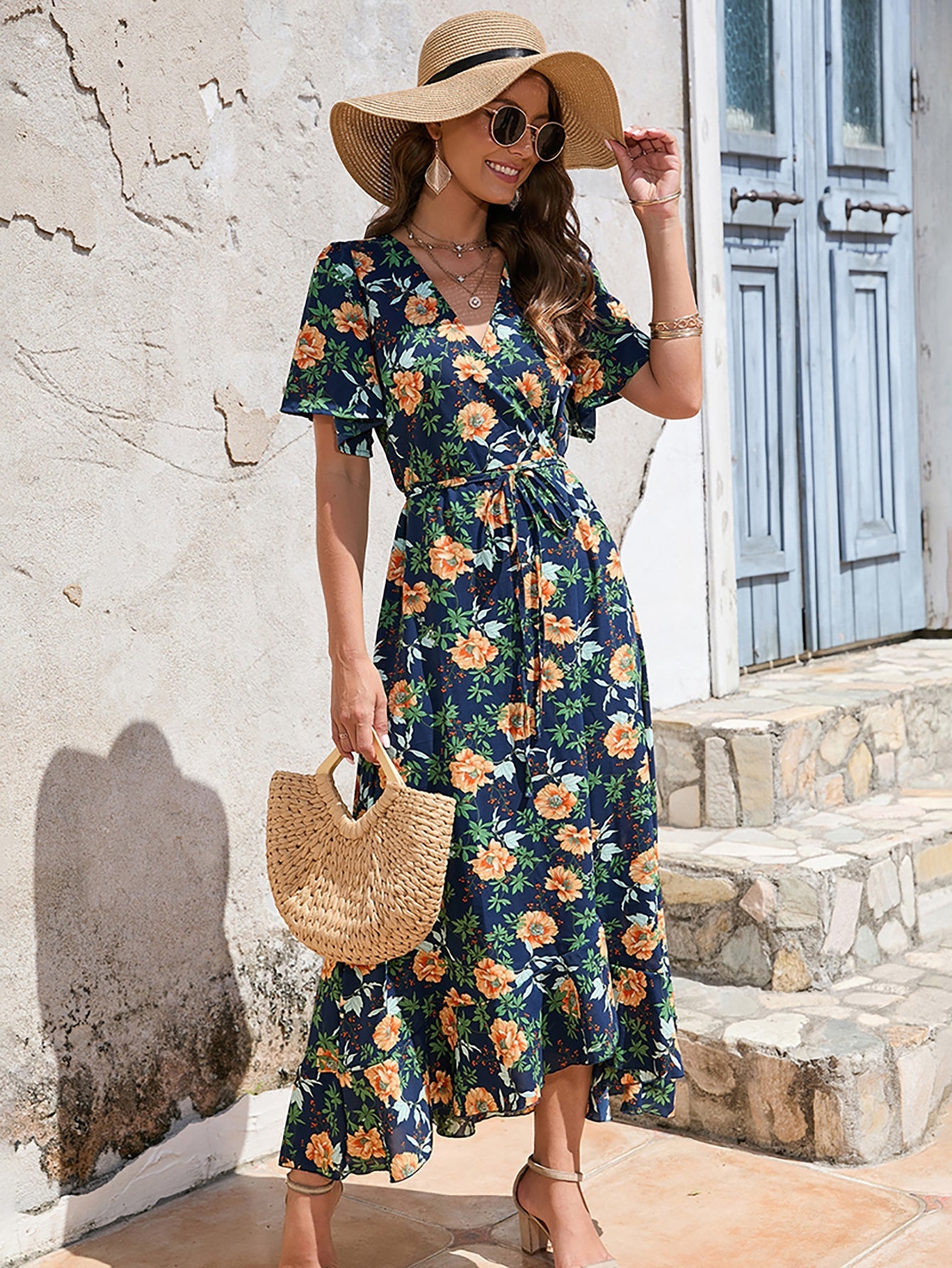 Dark blue V Neck Beach Long Summer Vacation Dress - Fashionpara