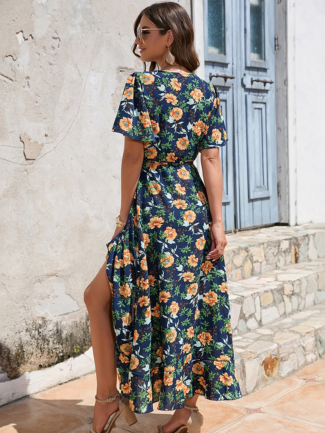 Dark blue V Neck Beach Long Summer Vacation Dress - Fashionpara