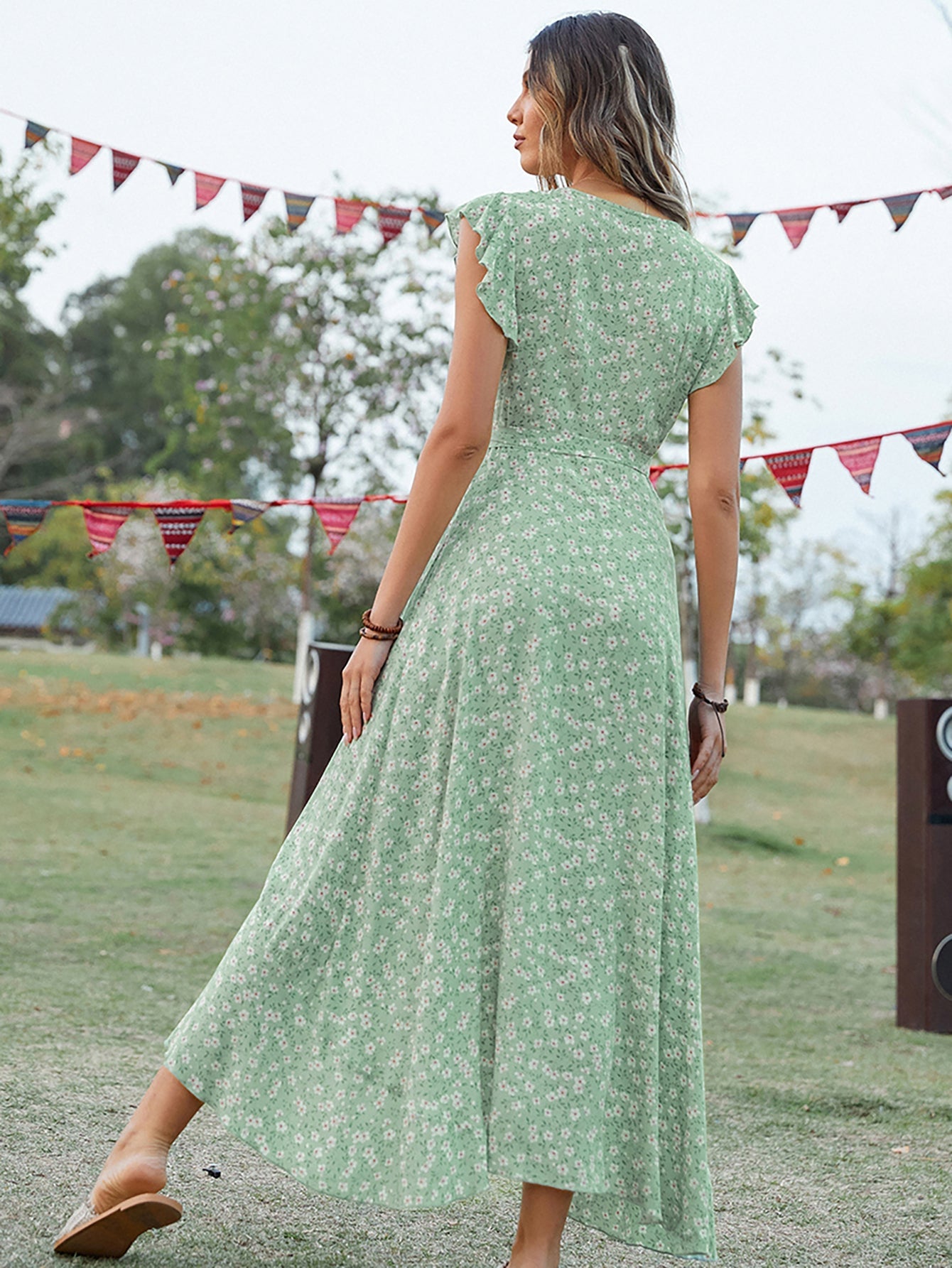 Green V Neck Beach Long Summer Vacation Dress - Fashionpara