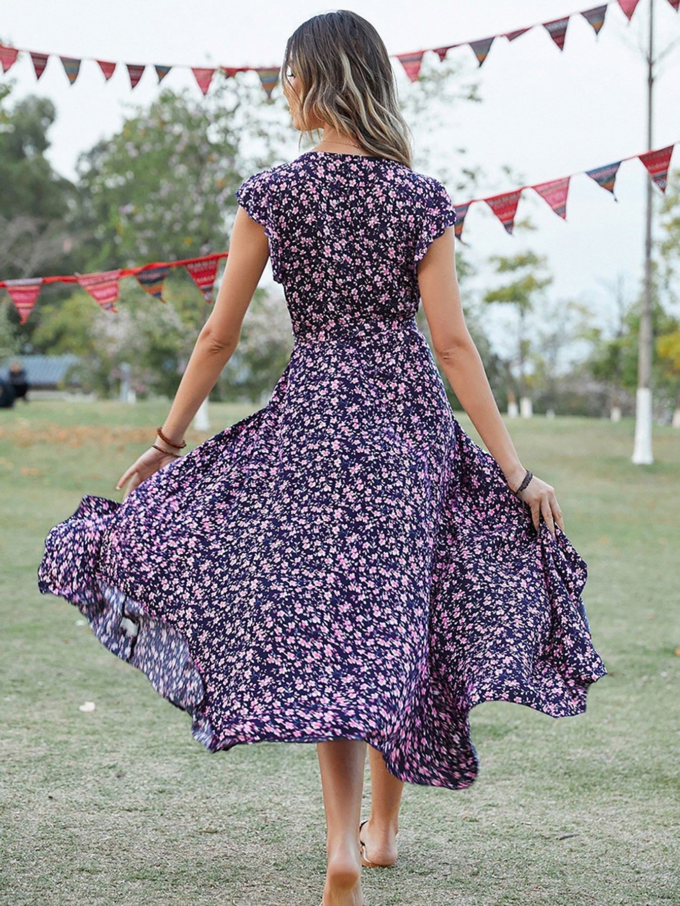 Green V Neck Beach Long Summer Vacation Dress - Fashionpara