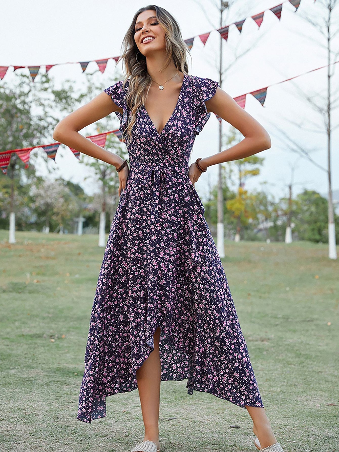 Green V Neck Beach Long Summer Vacation Dress - Fashionpara