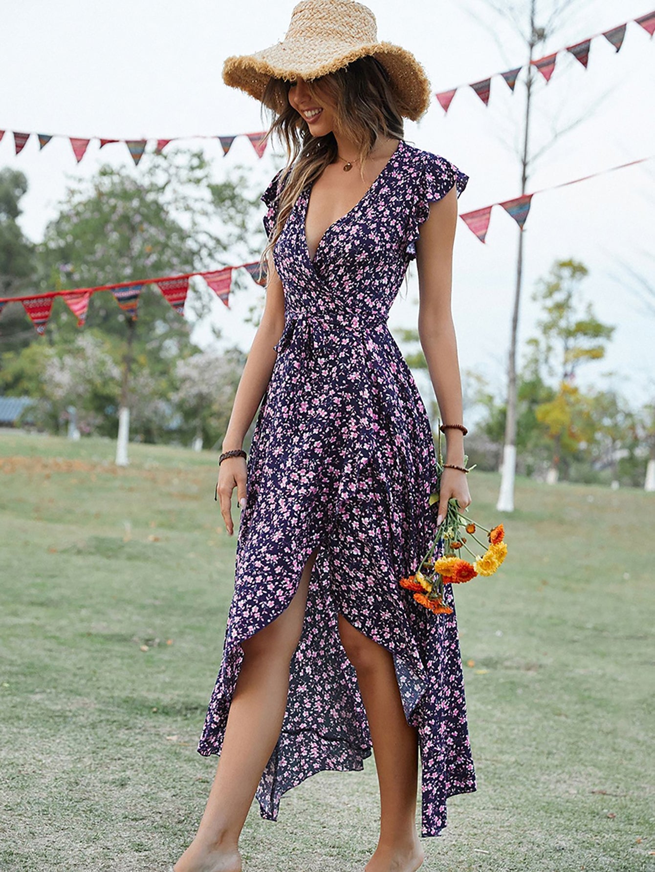 Green V Neck Beach Long Summer Vacation Dress - Fashionpara