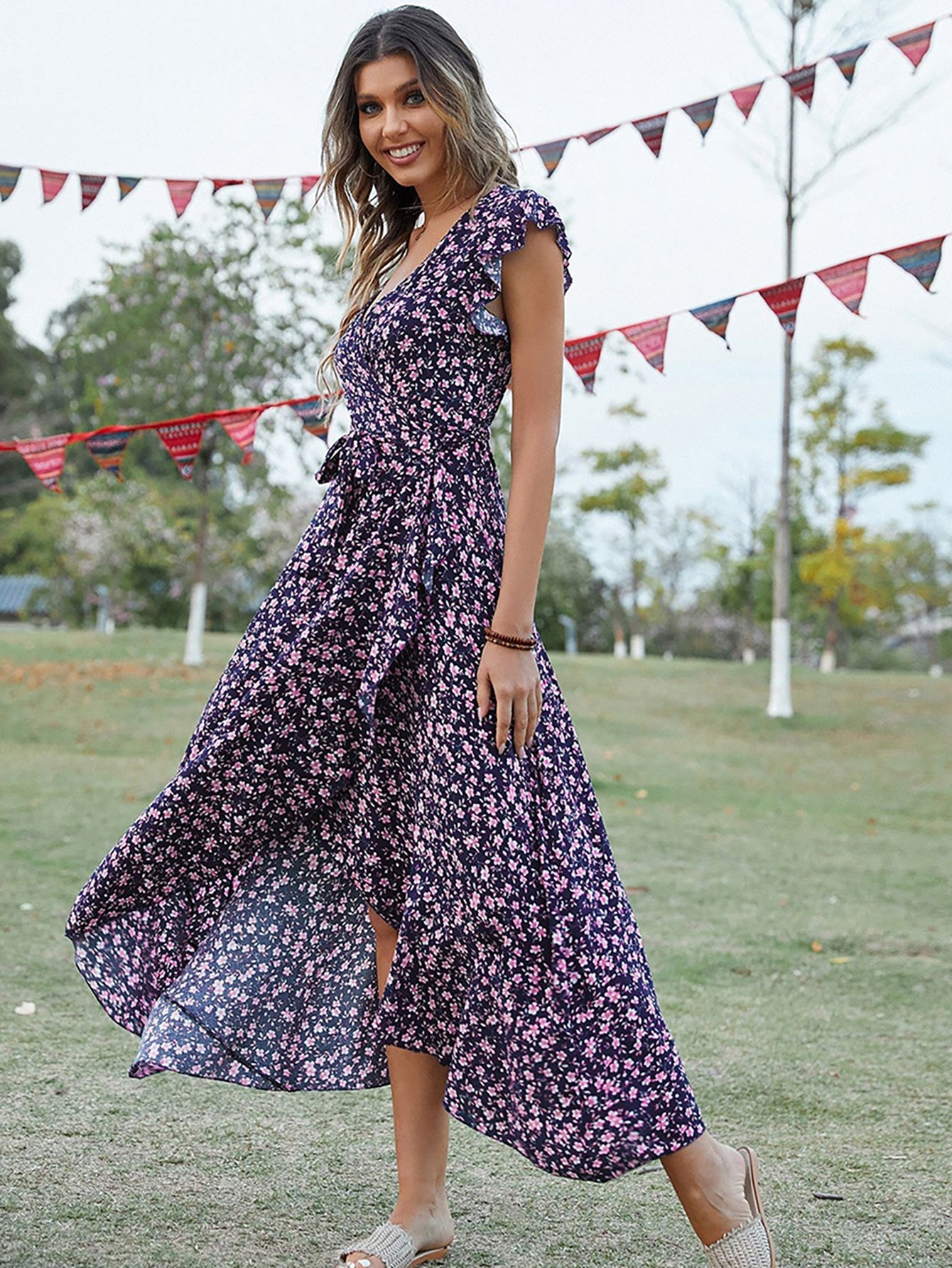 Green V Neck Beach Long Summer Vacation Dress - Fashionpara