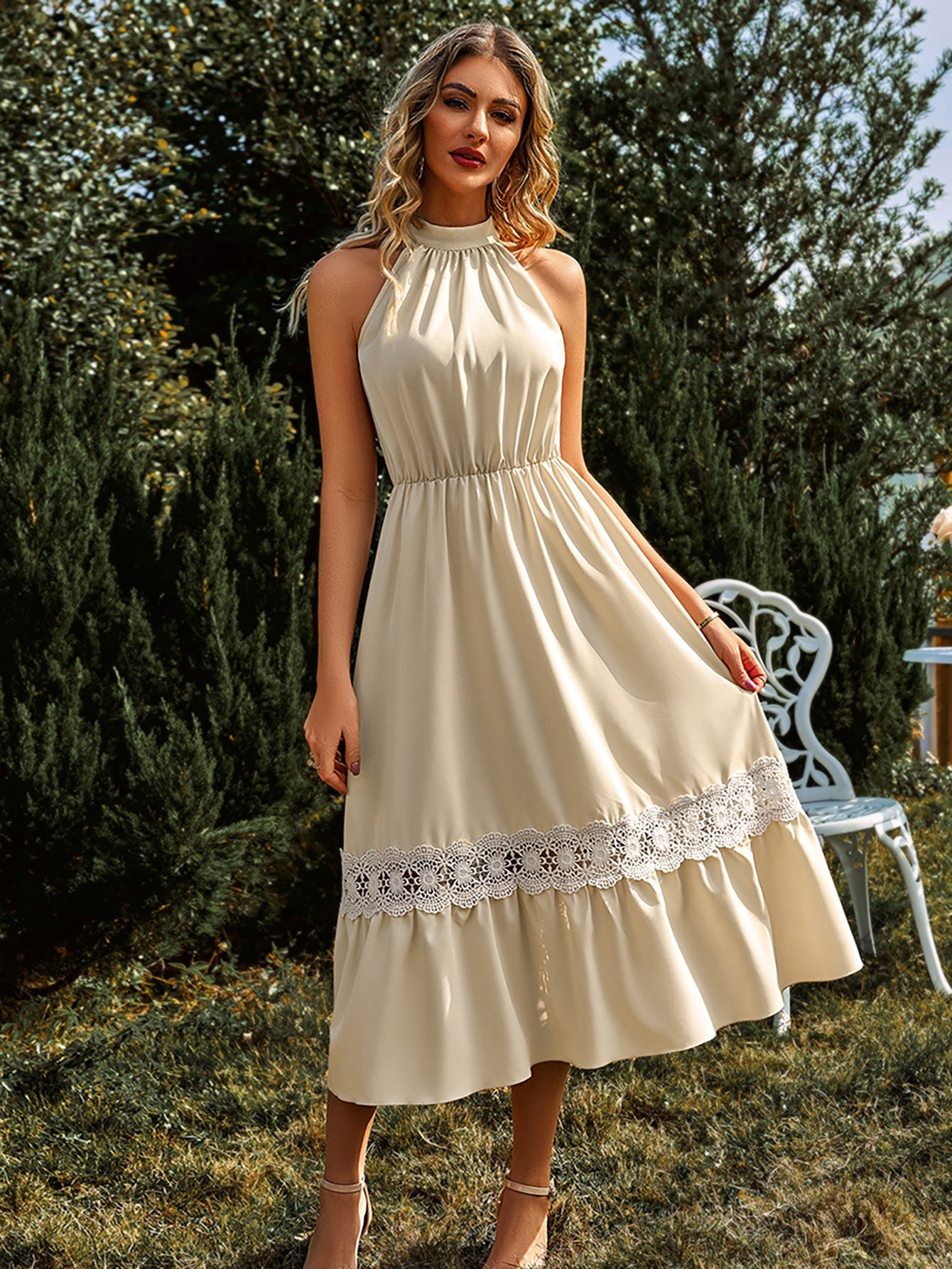 Halter Yellow Lace Long Summer Dress - Fashionpara