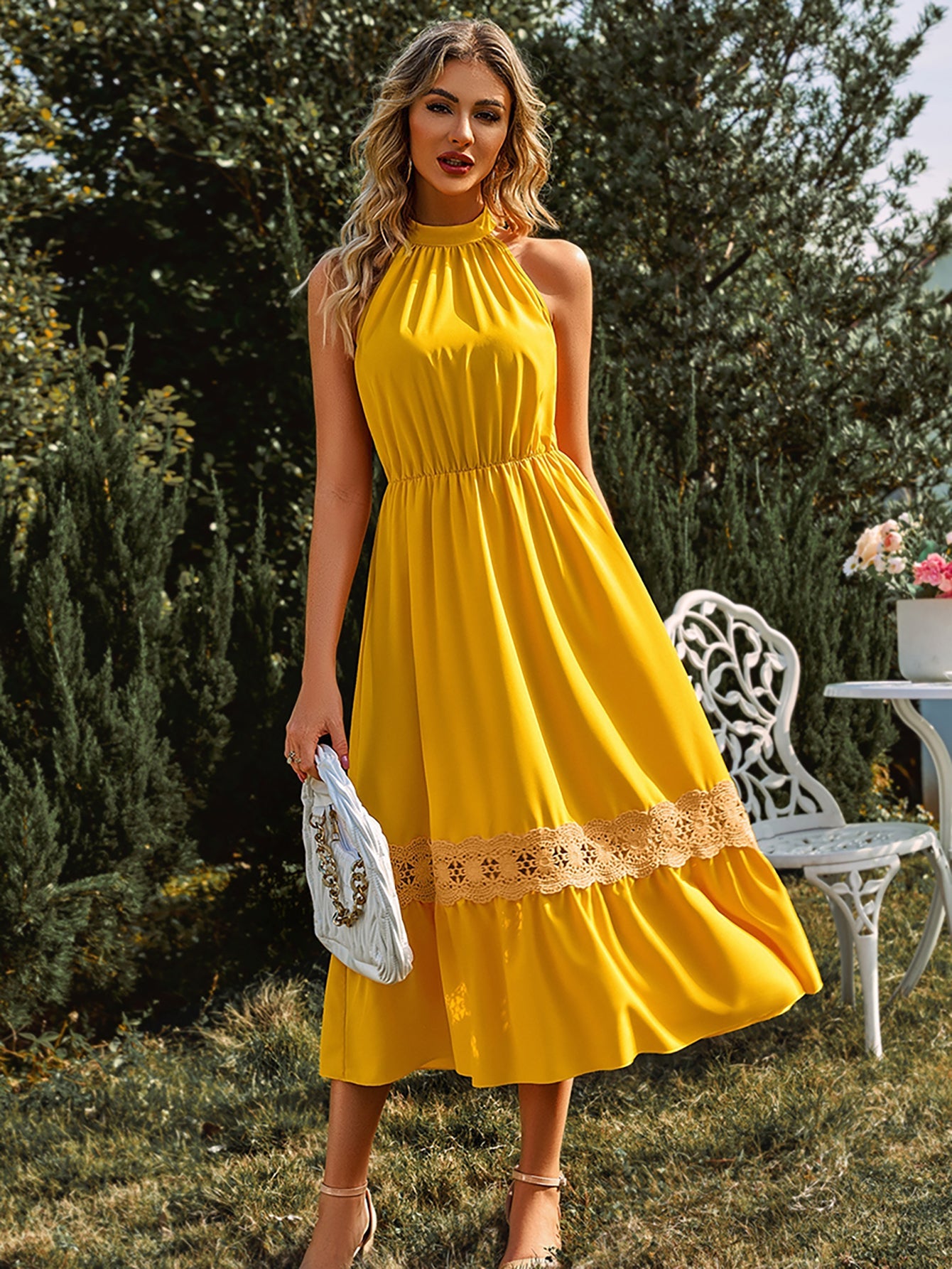 Halter Yellow Lace Long Summer Dress - Fashionpara