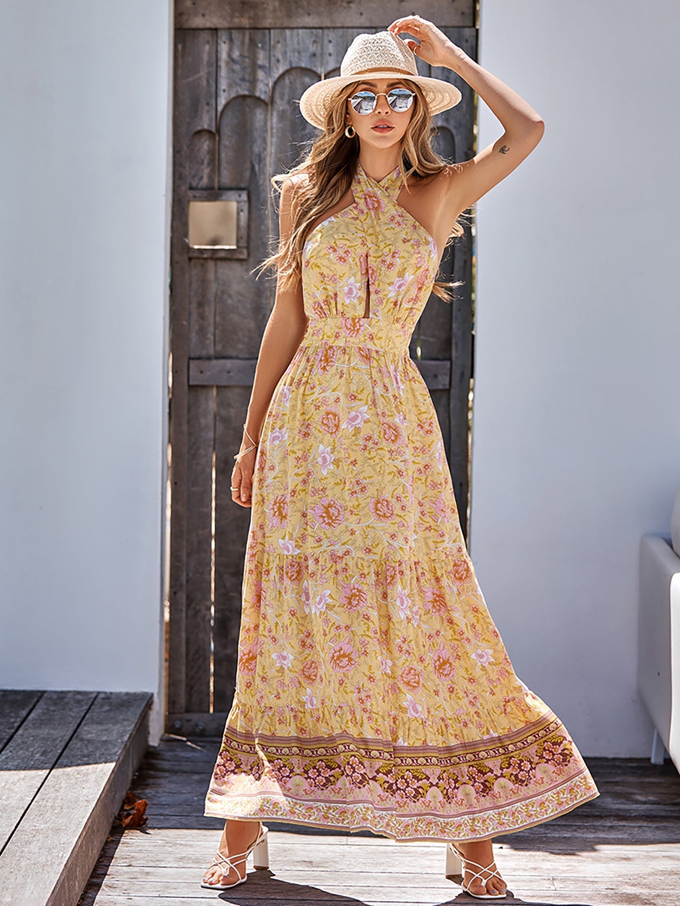 Halter Yellow Boho Long Summer Dress - Fashionpara