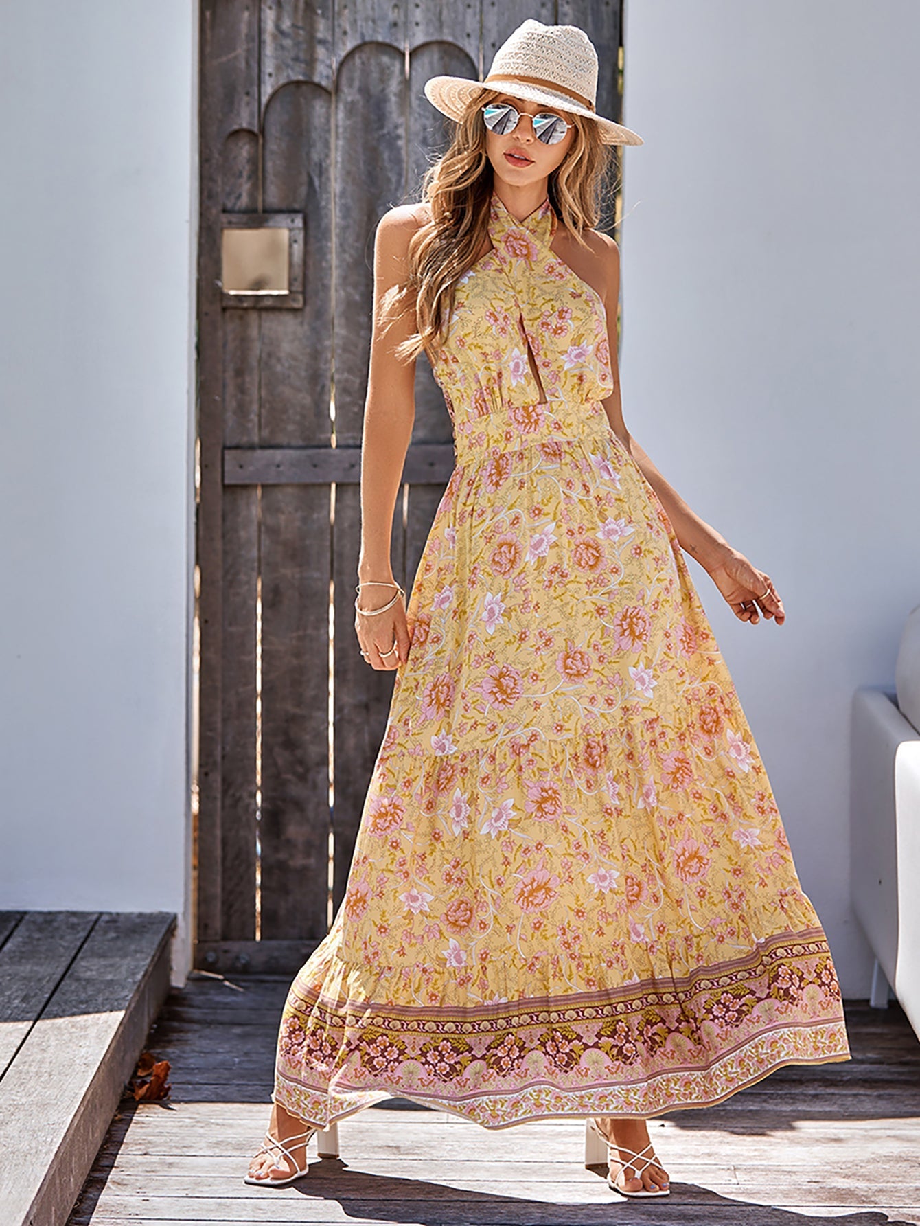 Halter Yellow Boho Long Summer Dress - Fashionpara