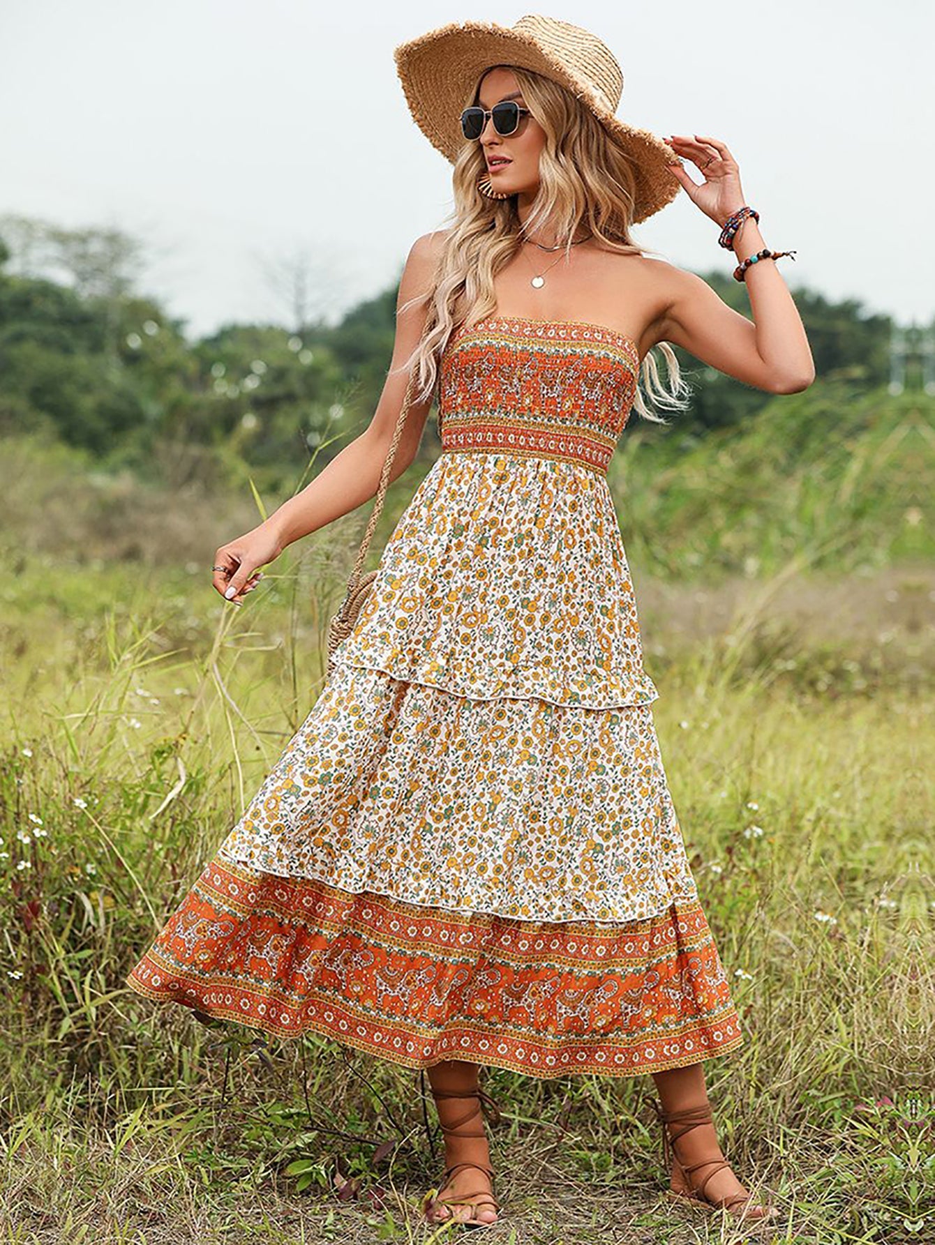Orange Off The Shoulder A Line Long Boho Dress - Fashionpara