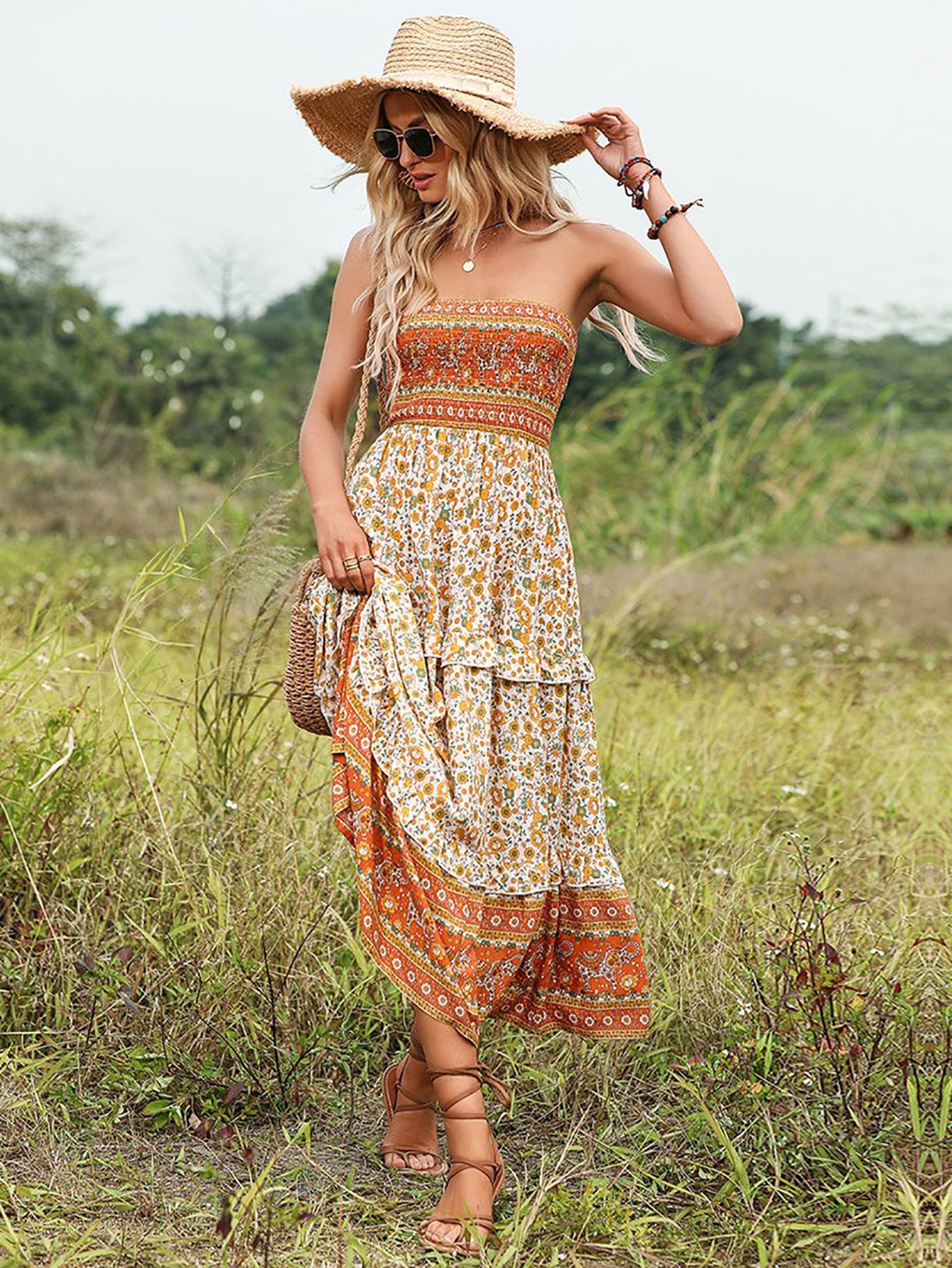 Orange Off The Shoulder A Line Long Boho Dress - Fashionpara