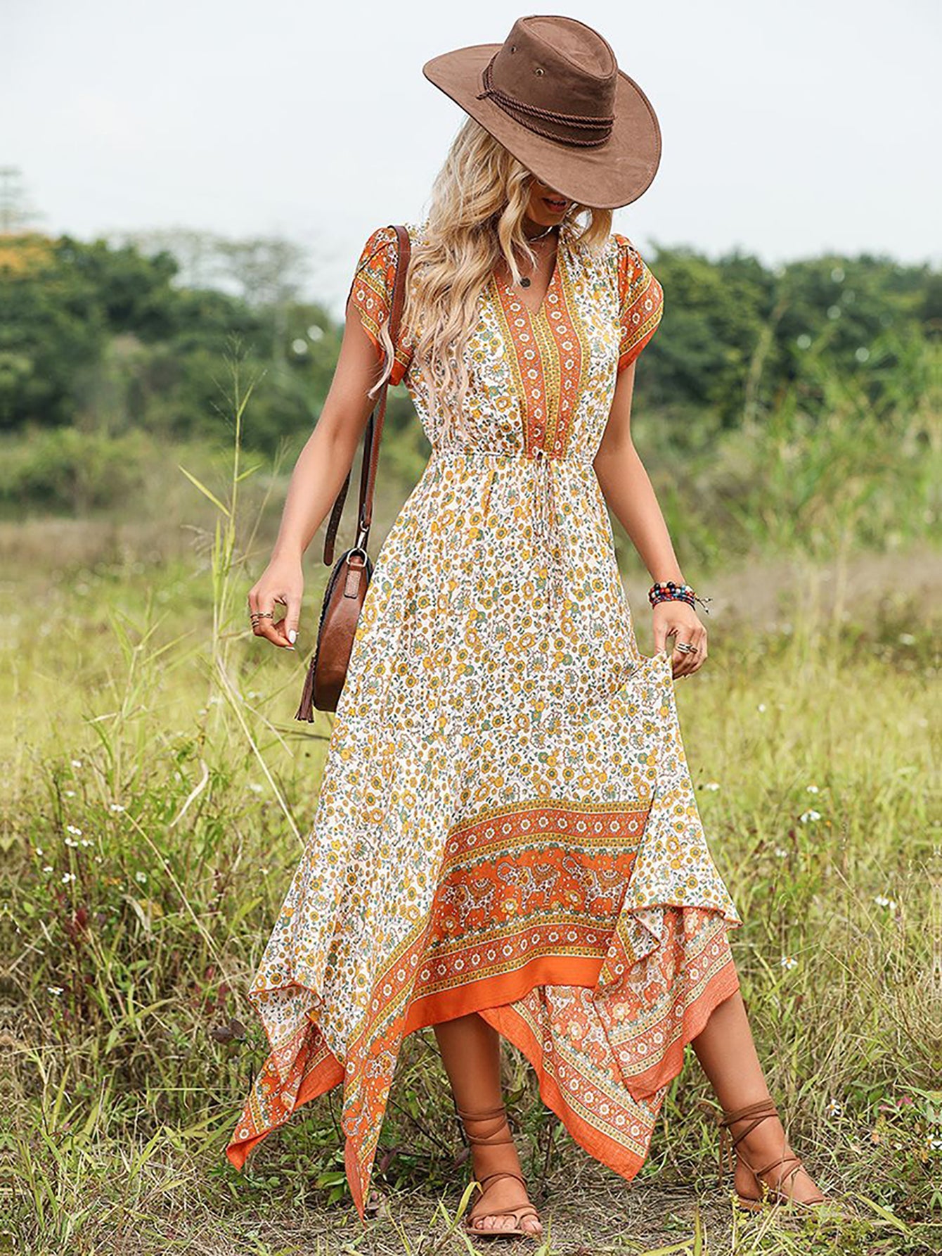 Orange A Line Floral Long Vacation Boho Dress - Fashionpara