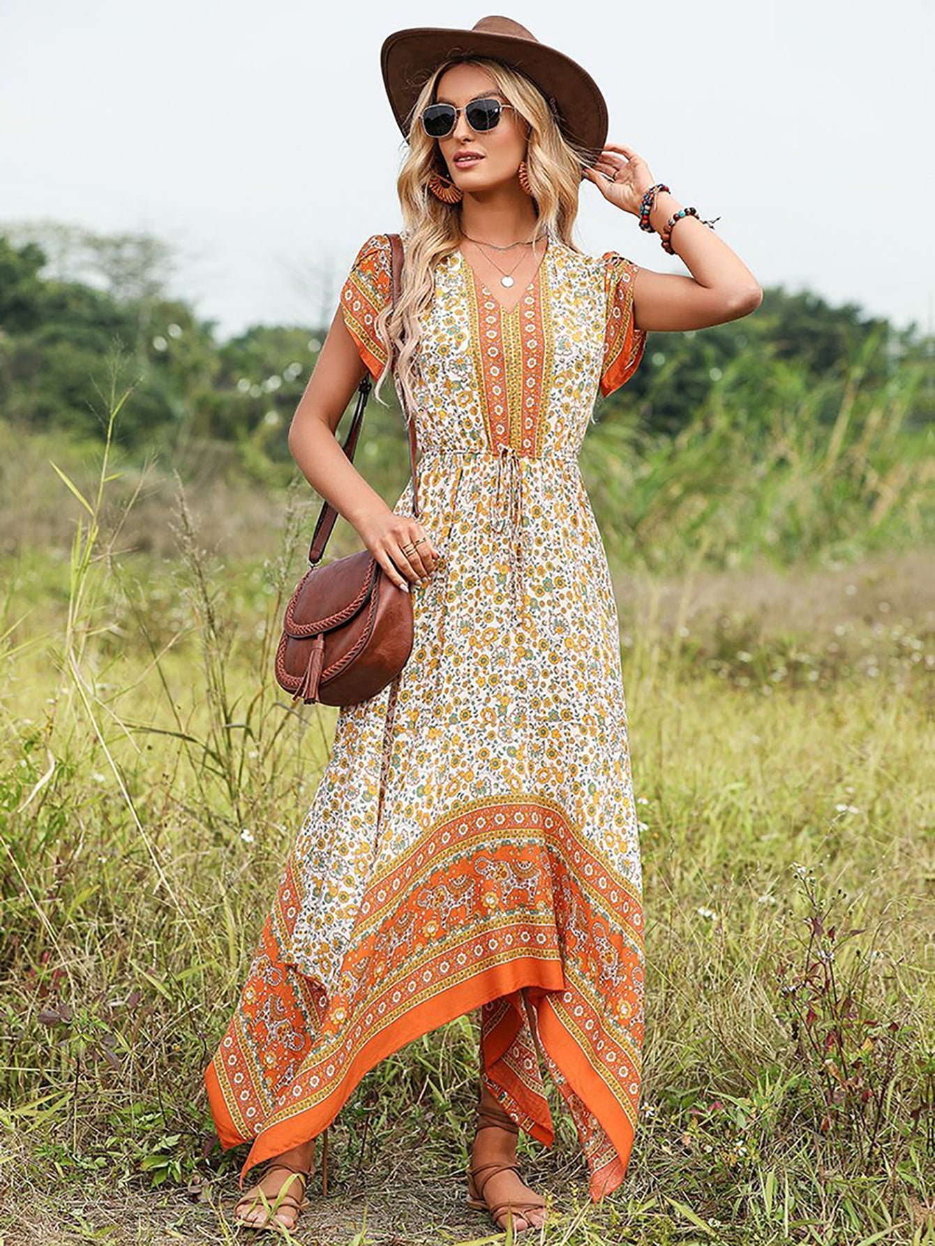 Orange A Line Floral Long Vacation Boho Dress - Fashionpara