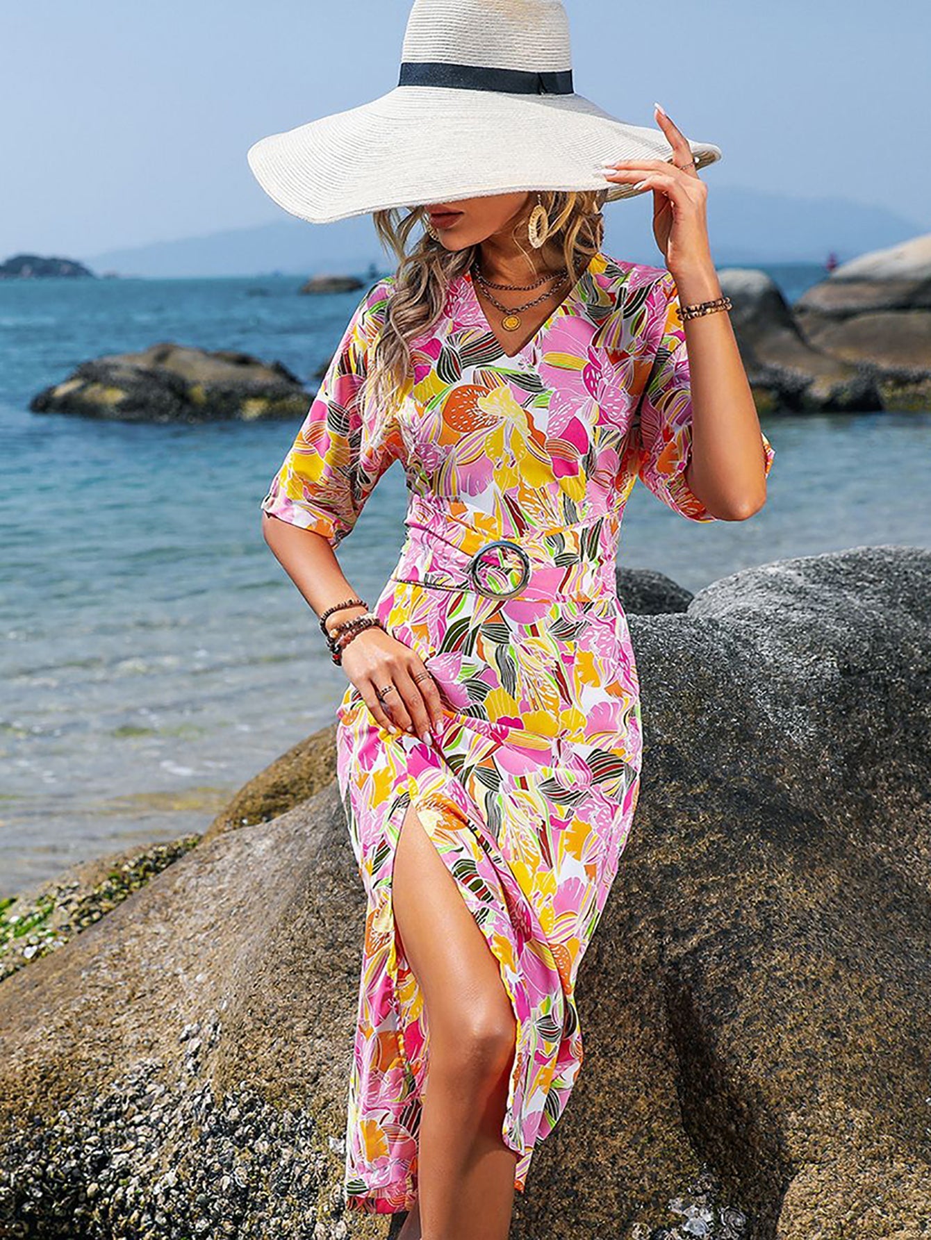 Pink Mermaid Floral Beach Long Vacation Dress - Fashionpara