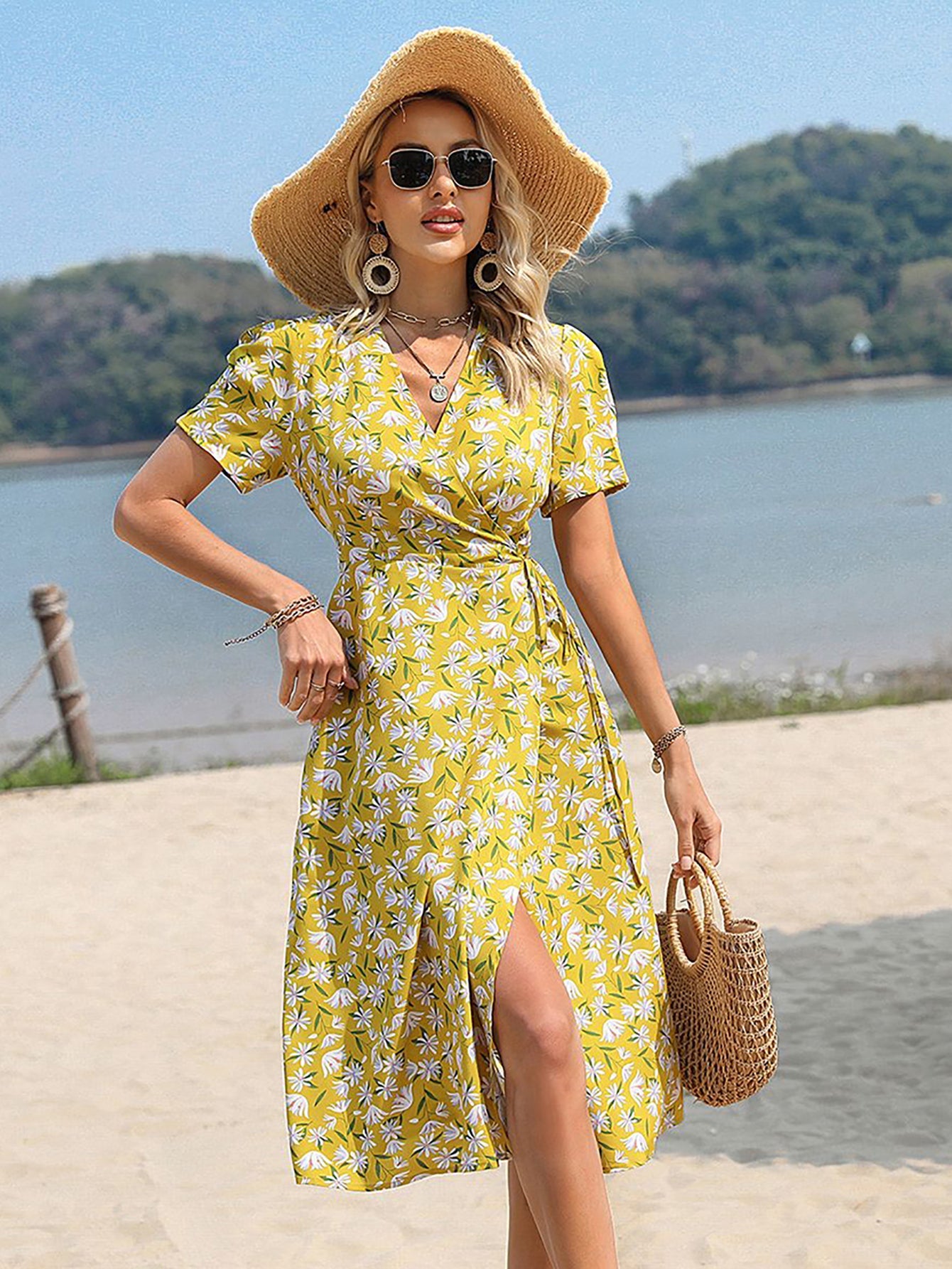 Yellow A Line Floral V Neck Long Summer Vacation Dress - Fashionpara