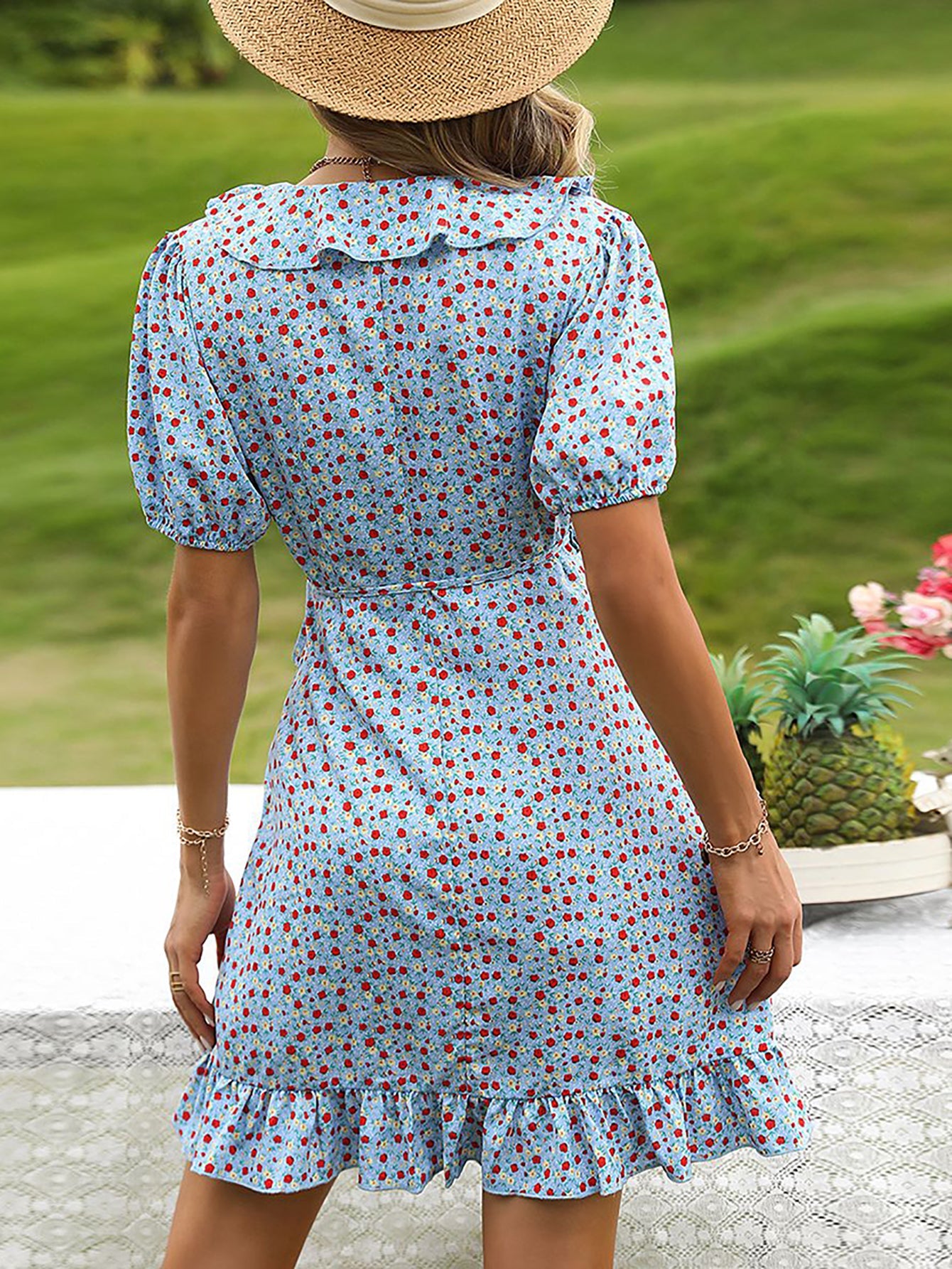 Blue A Line Floral V Neck Short Vacation Ruffles Dress - Fashionpara