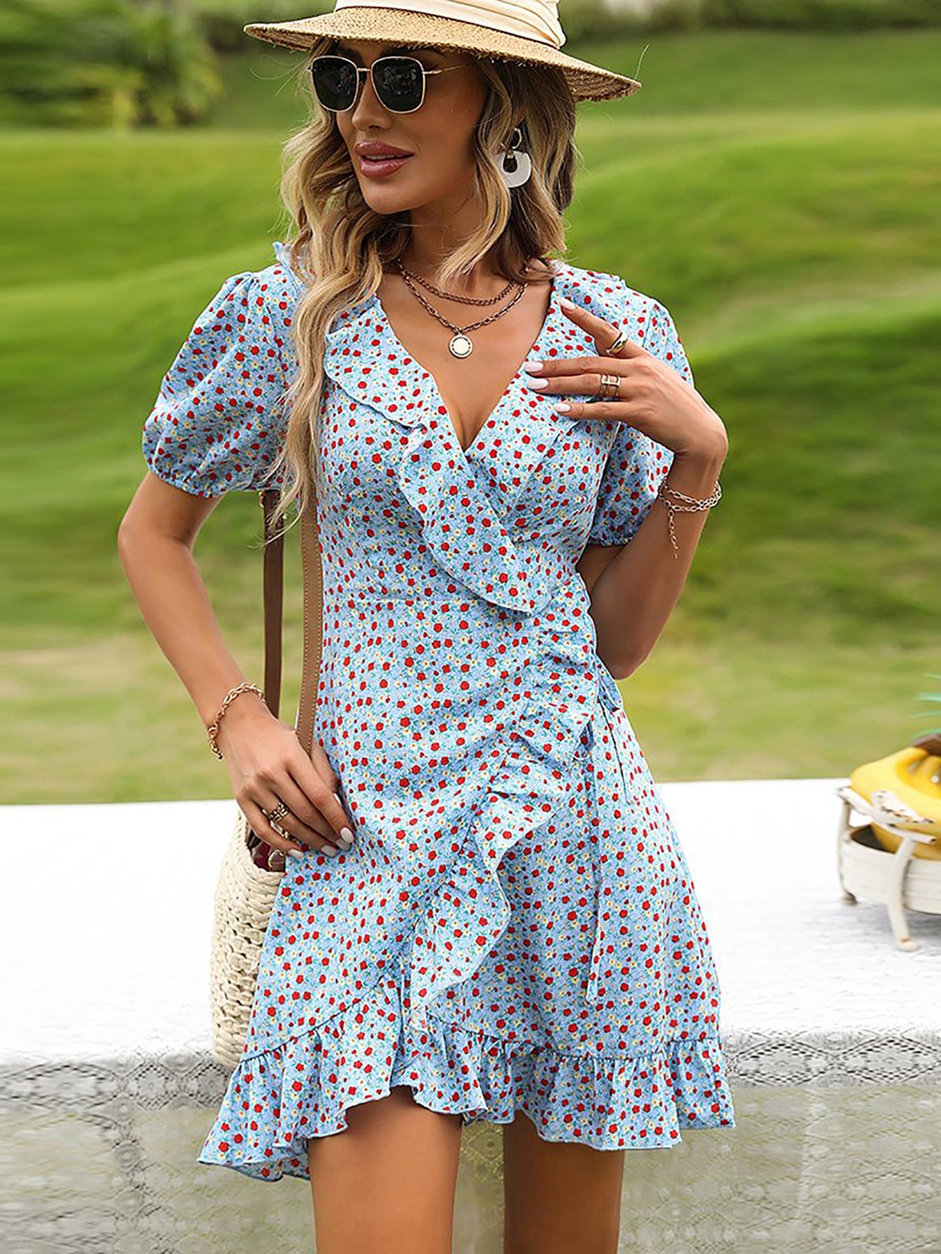 Blue A Line Floral V Neck Short Vacation Ruffles Dress - Fashionpara