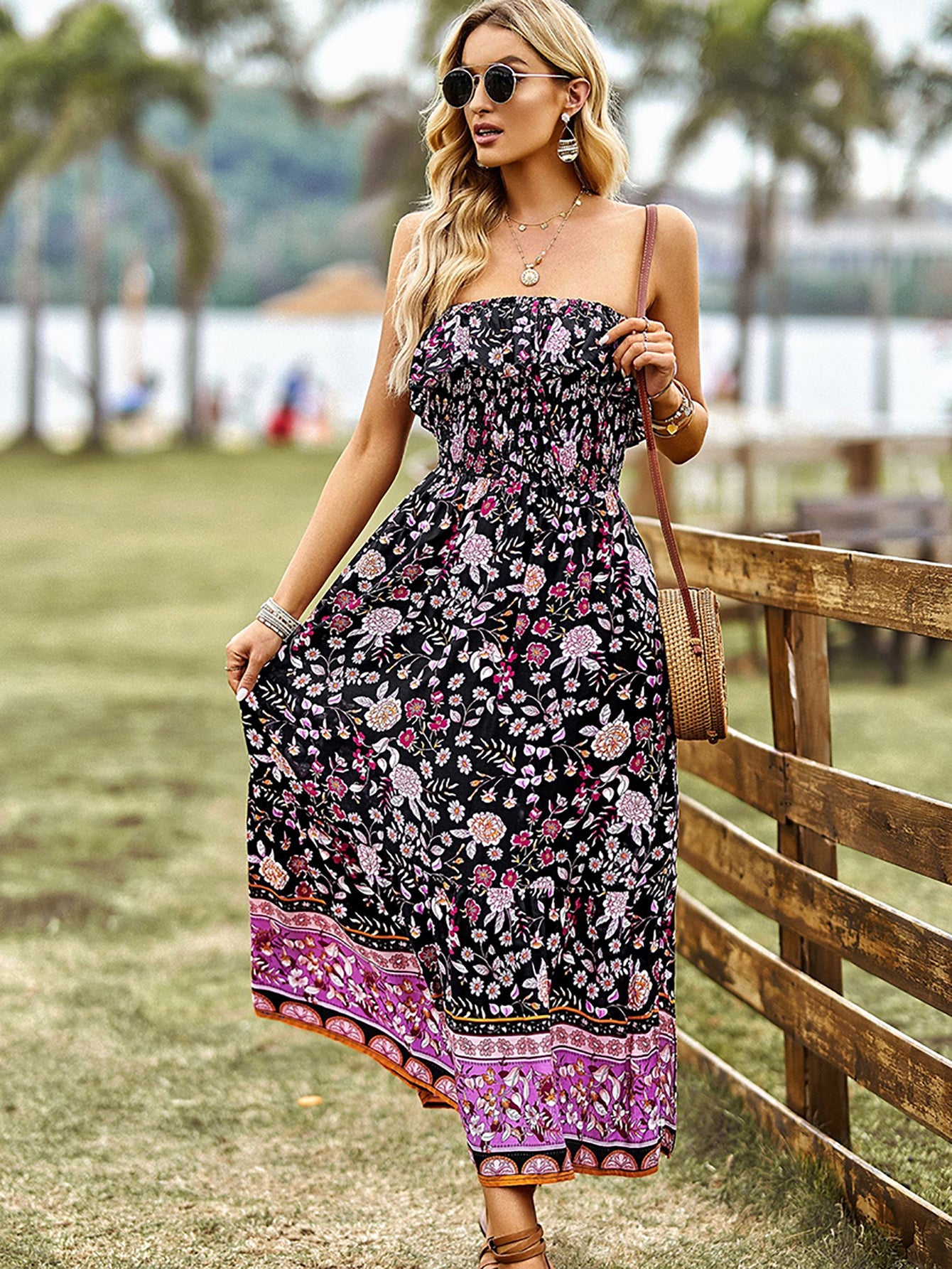 Pink Floral A Line Off The Shoulder Long Boho Dress - Fashionpara