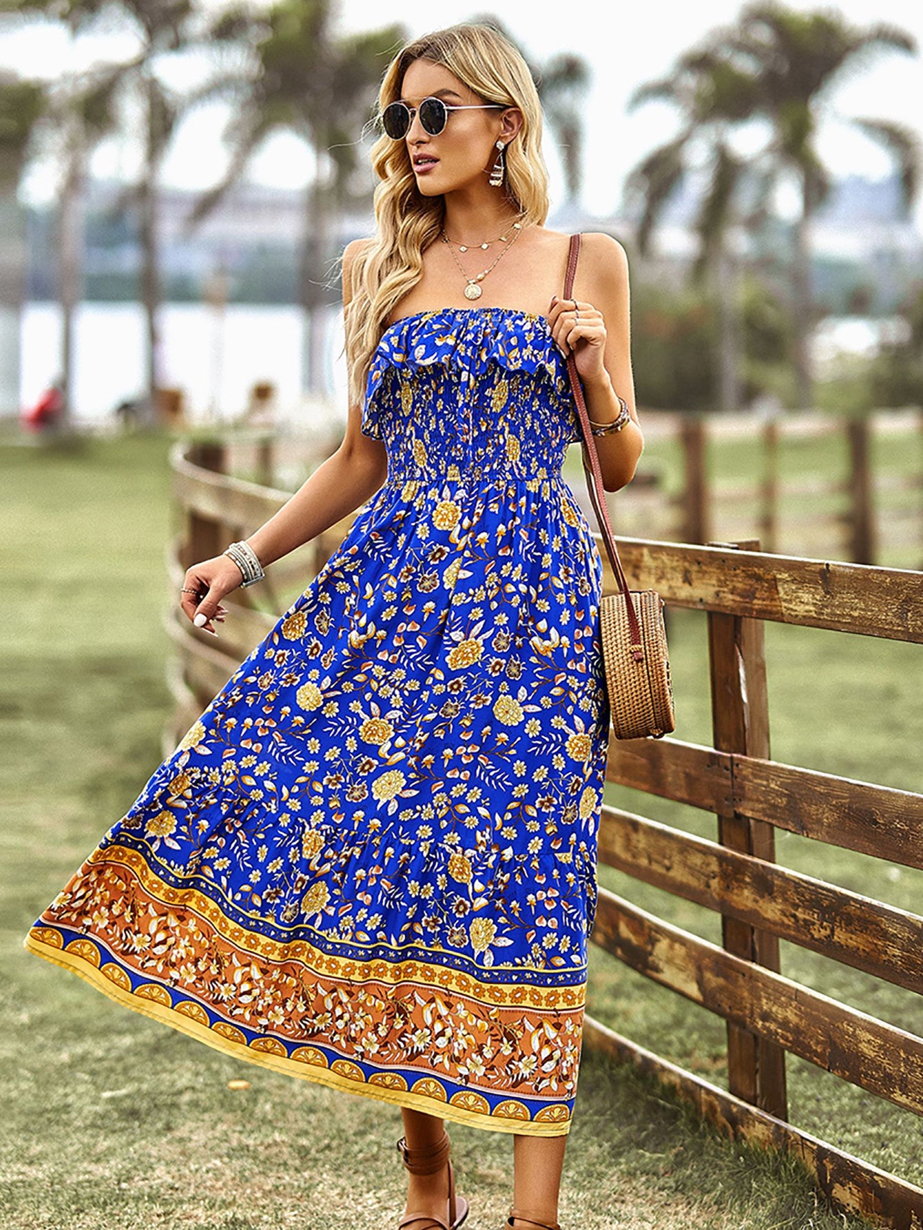 Pink Floral A Line Off The Shoulder Long Boho Dress - Fashionpara