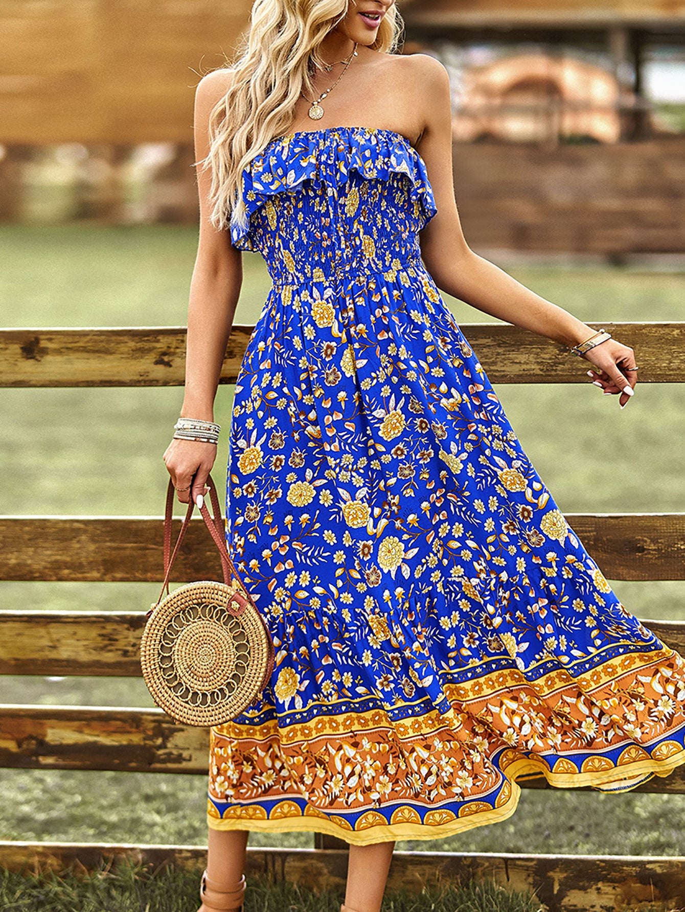 Pink Floral A Line Off The Shoulder Long Boho Dress - Fashionpara