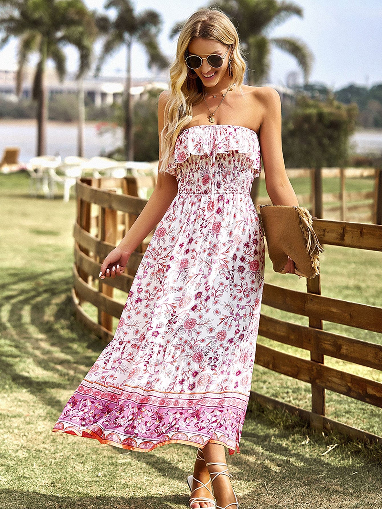 Pink Floral A Line Off The Shoulder Long Boho Dress - Fashionpara