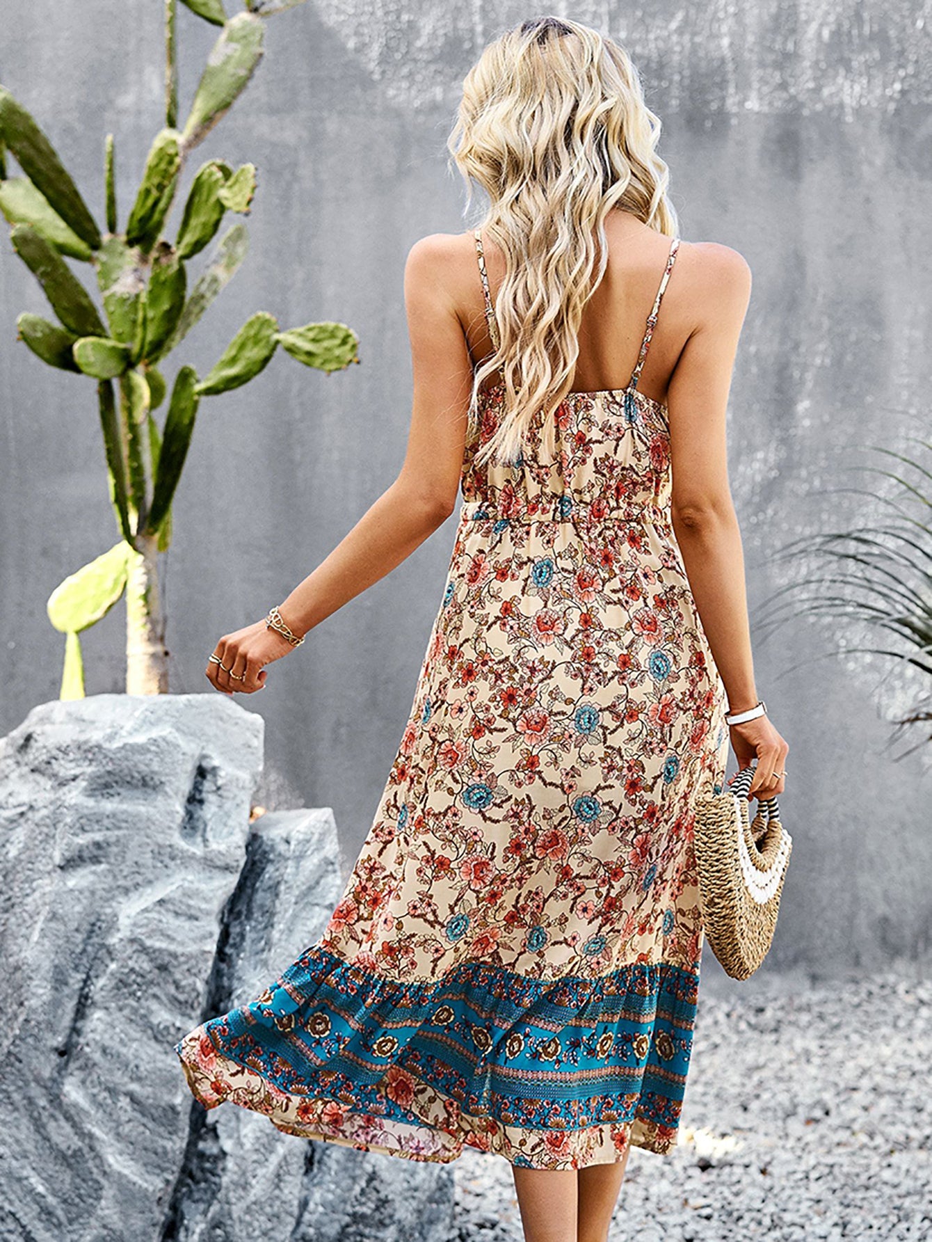 Blue A Line Floral Long Boho Dress With Slit - Fashionpara