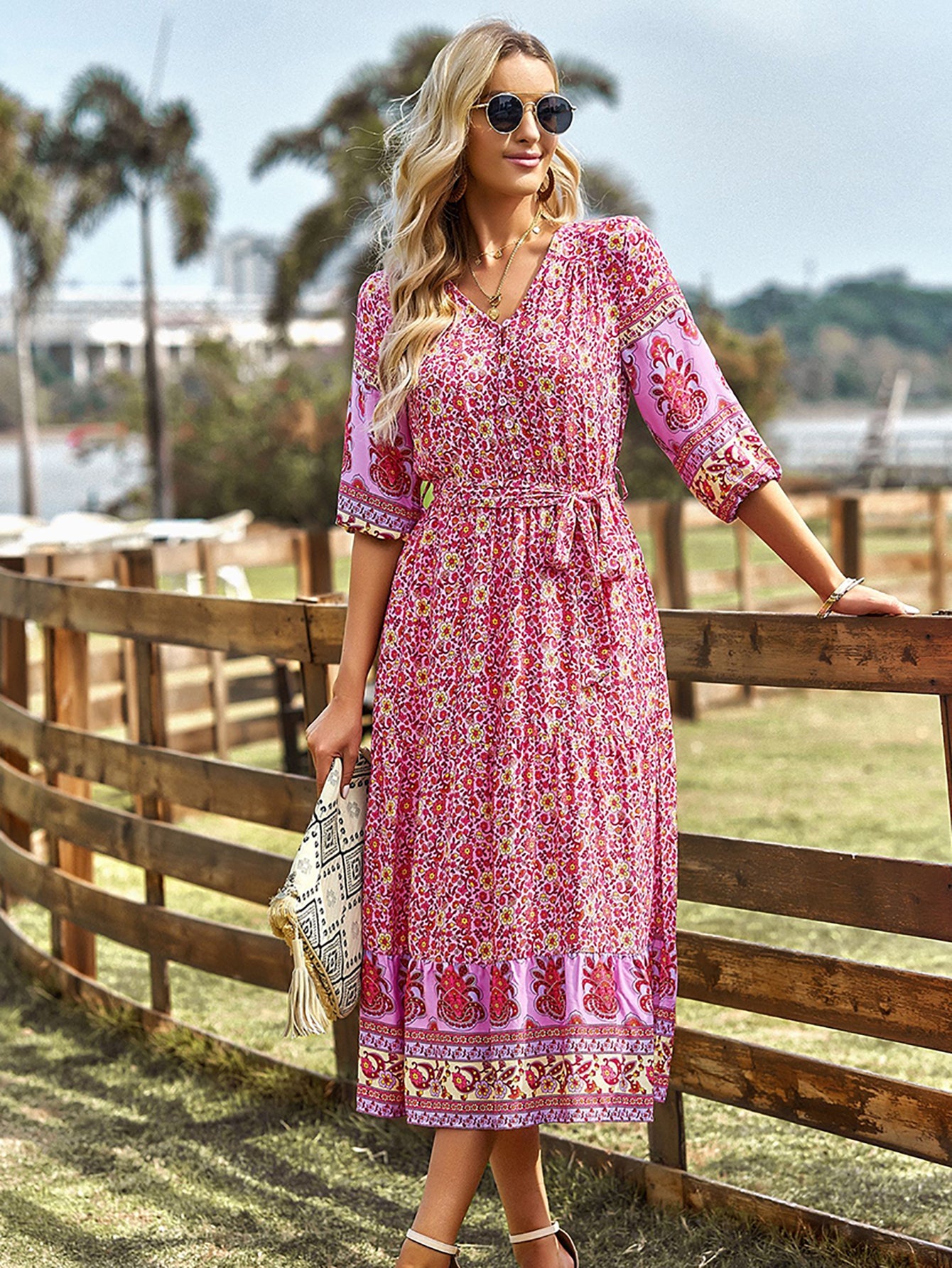 Pink A Line Floral Long Boho Dress - Fashionpara