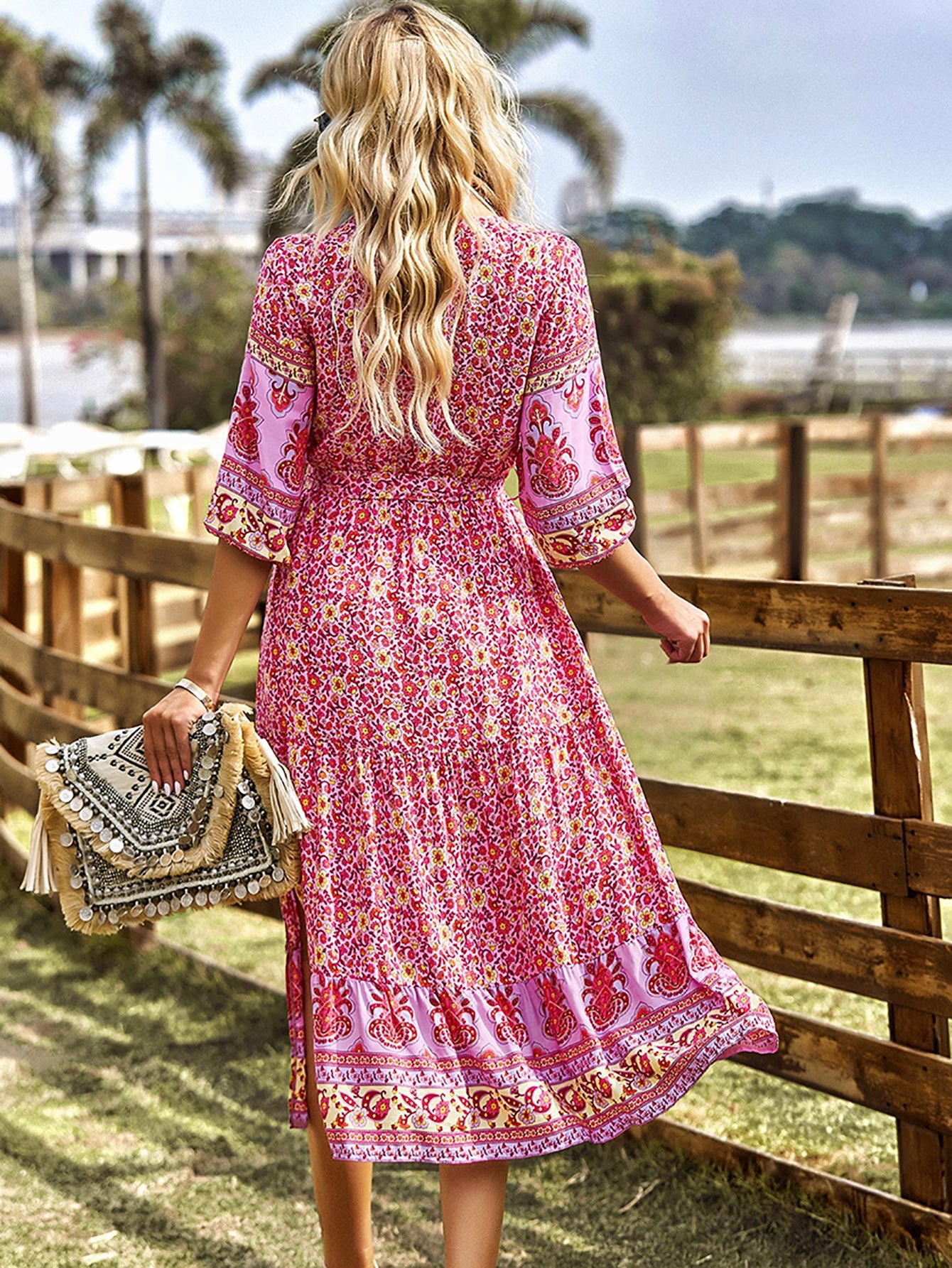 Pink A Line Floral Long Boho Dress - Fashionpara