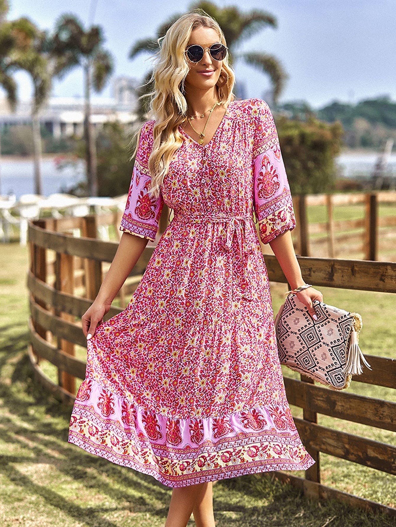Pink A Line Floral Long Boho Dress - Fashionpara