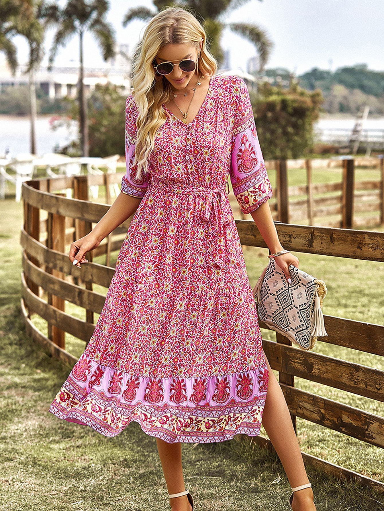 Pink A Line Floral Long Boho Dress - Fashionpara
