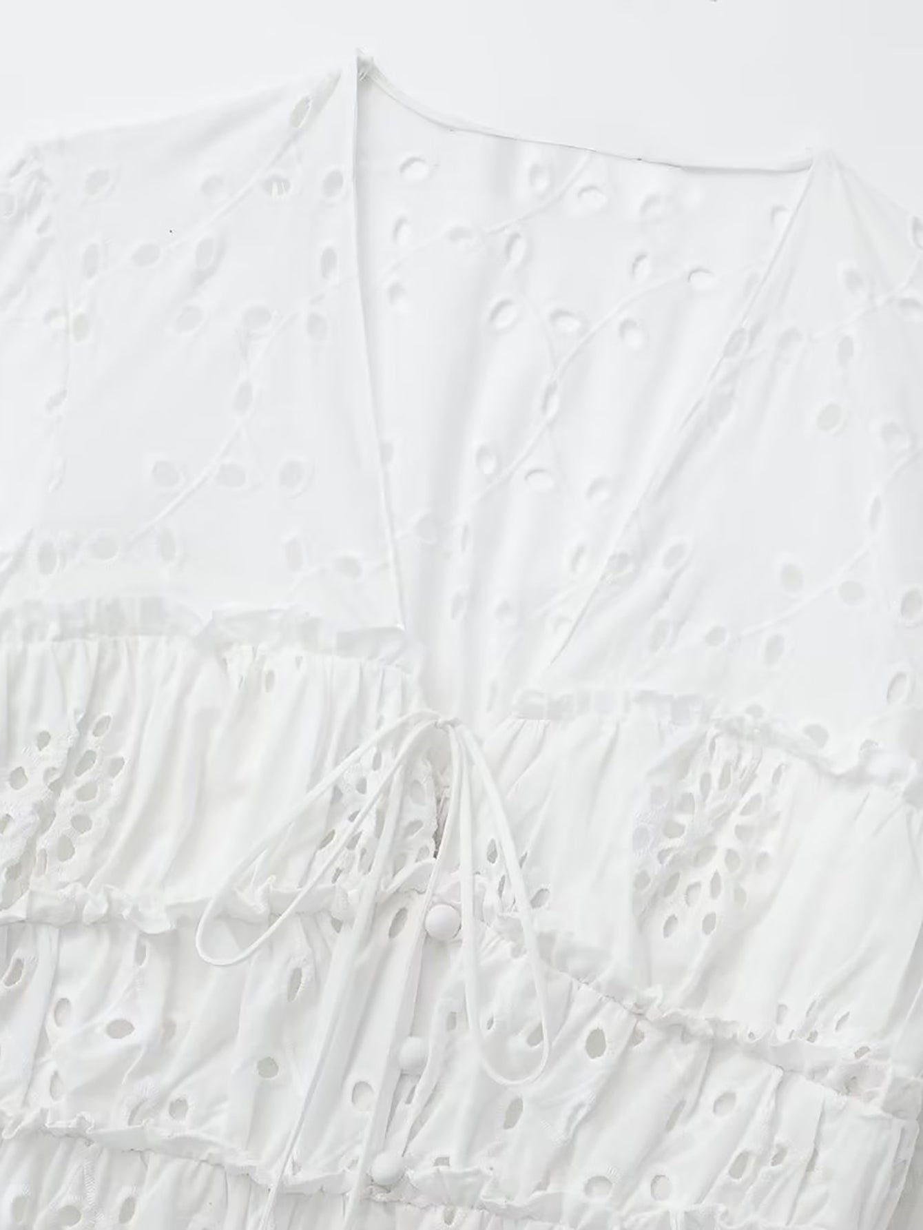 White V Neck Cotton A Line Long Sleeves Short Graduation Dress - Fashionpara