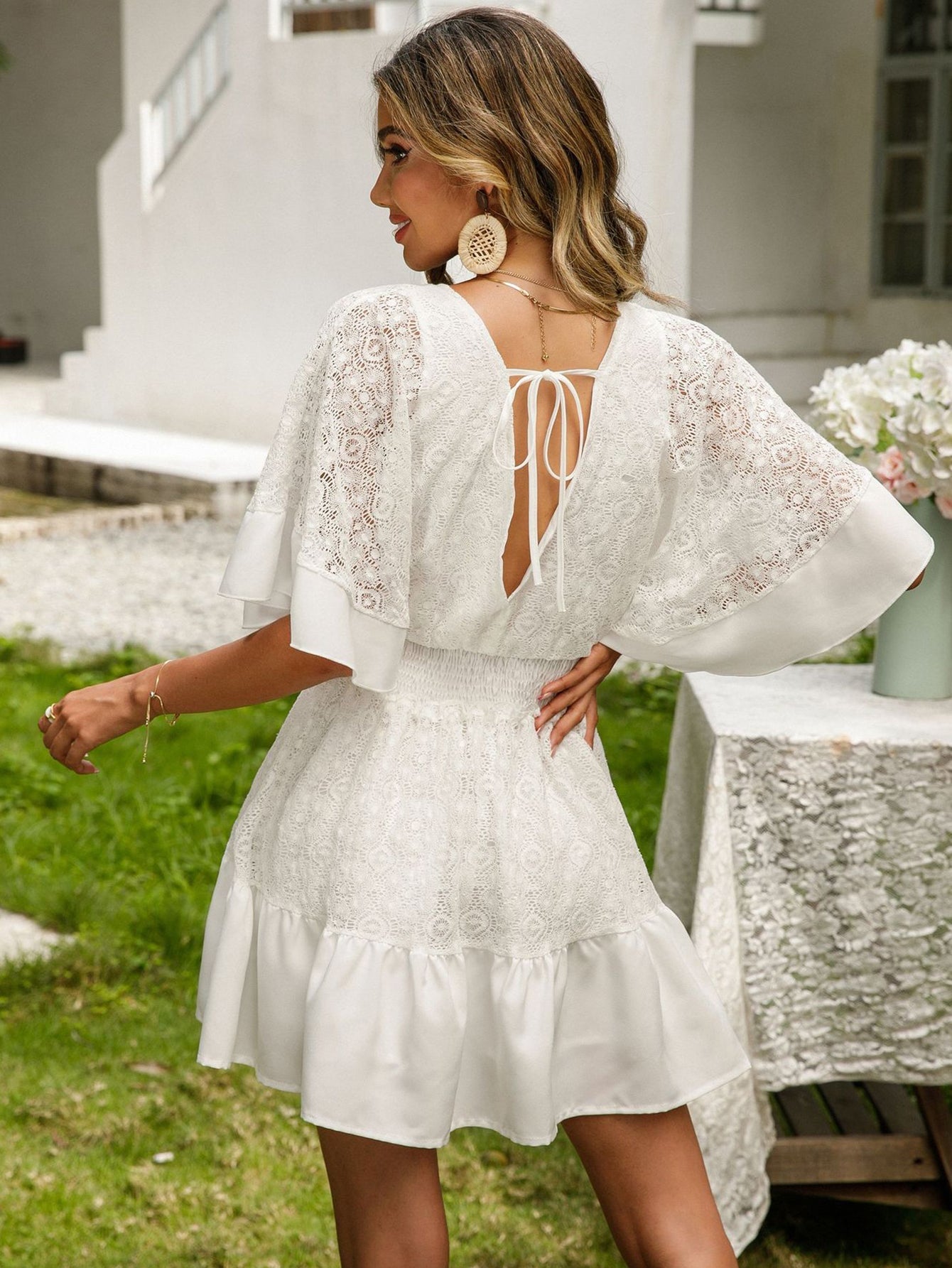 White Lace Short Sleeves V Neck Sweet Short Graduation Dress - Fashionpara