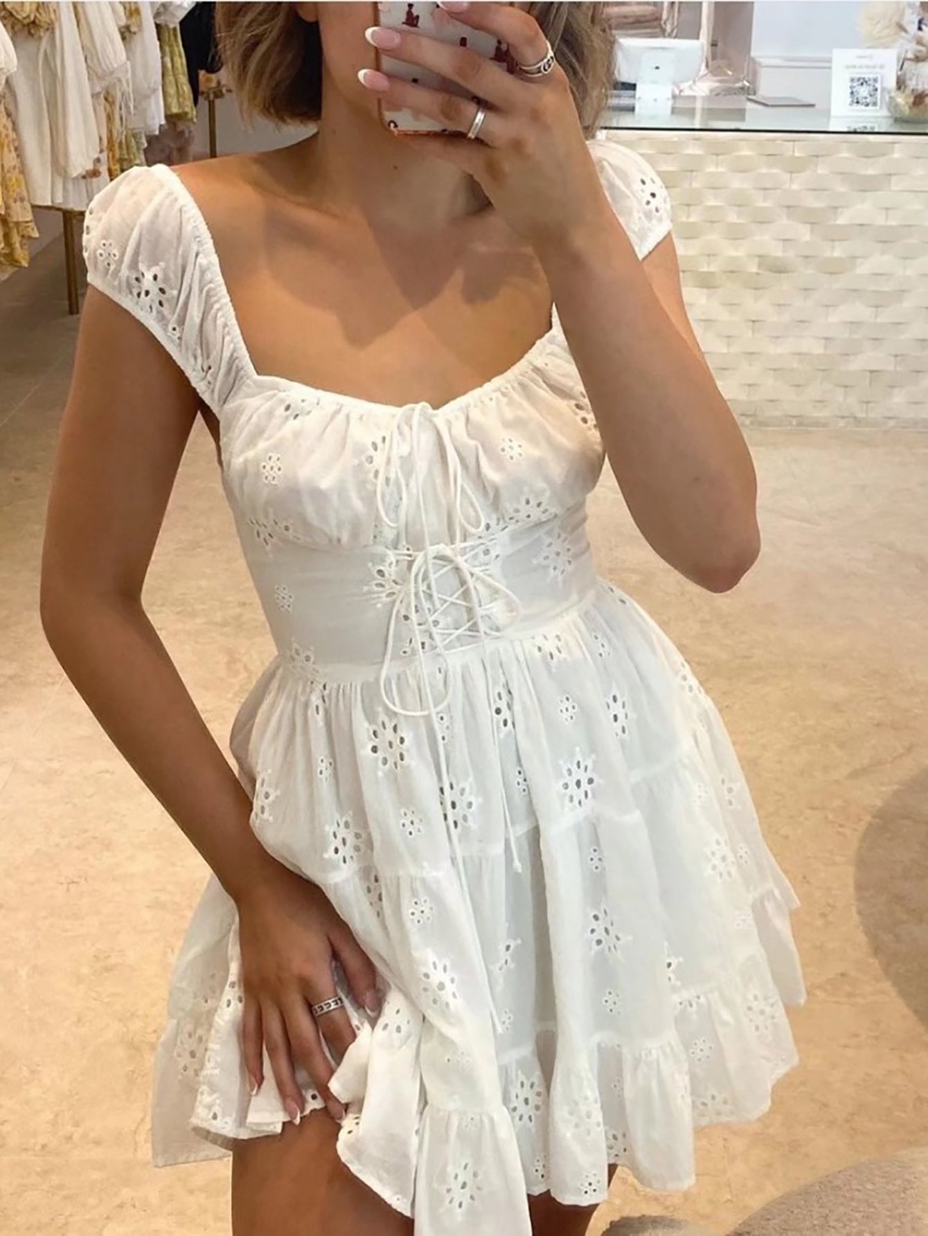 Sweet Square Neck White Sleeveless Short Graduation Dress - Fashionpara