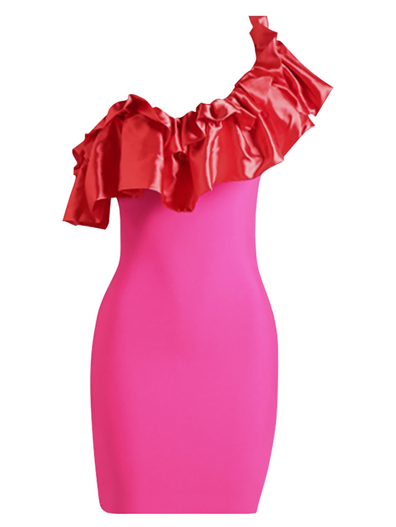 Pink One Shoulder Ruffles Tight Midi Dress - Fashionpara