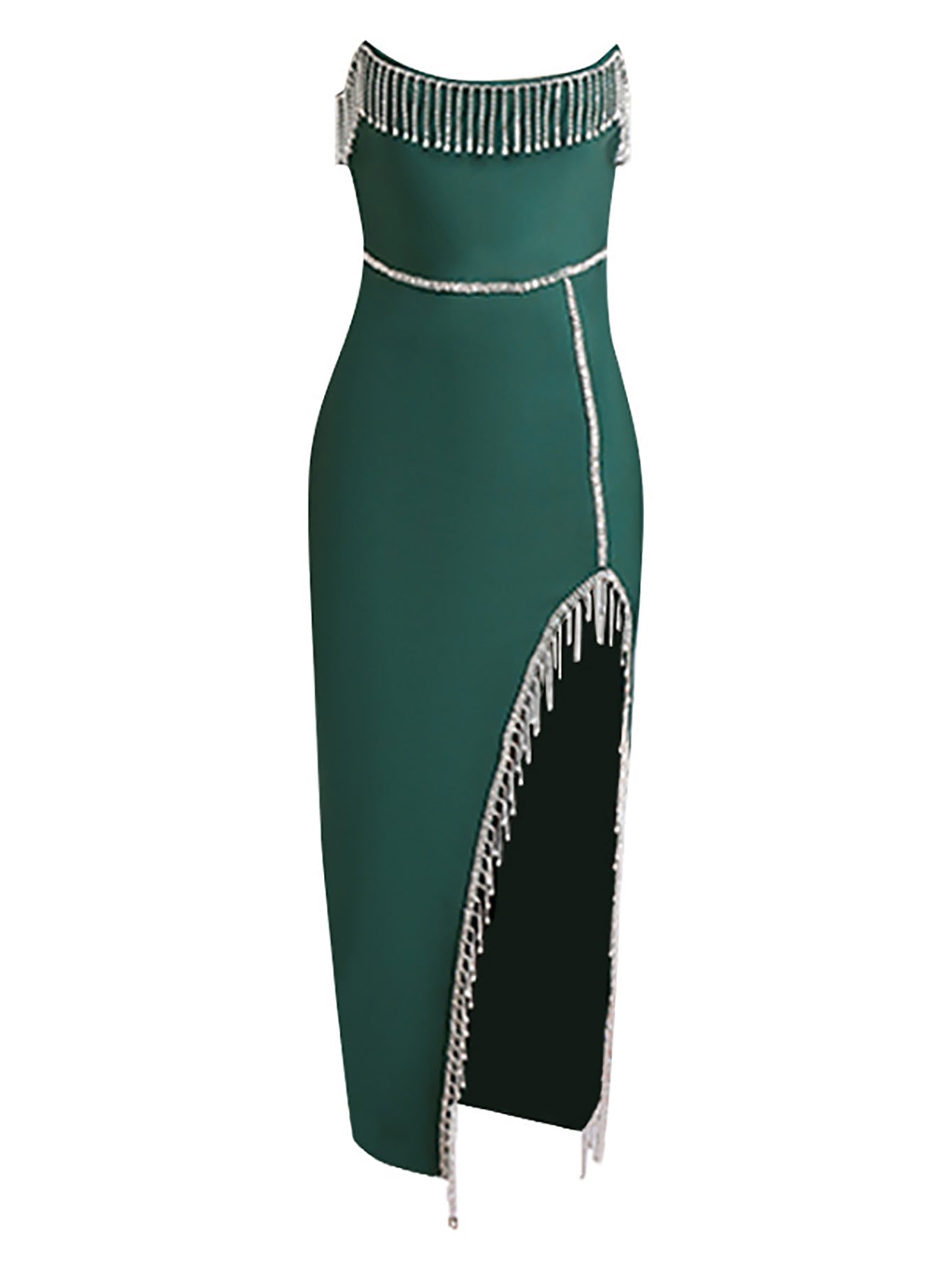 Green Strapless Tassels Tight Midi Dress - Fashionpara