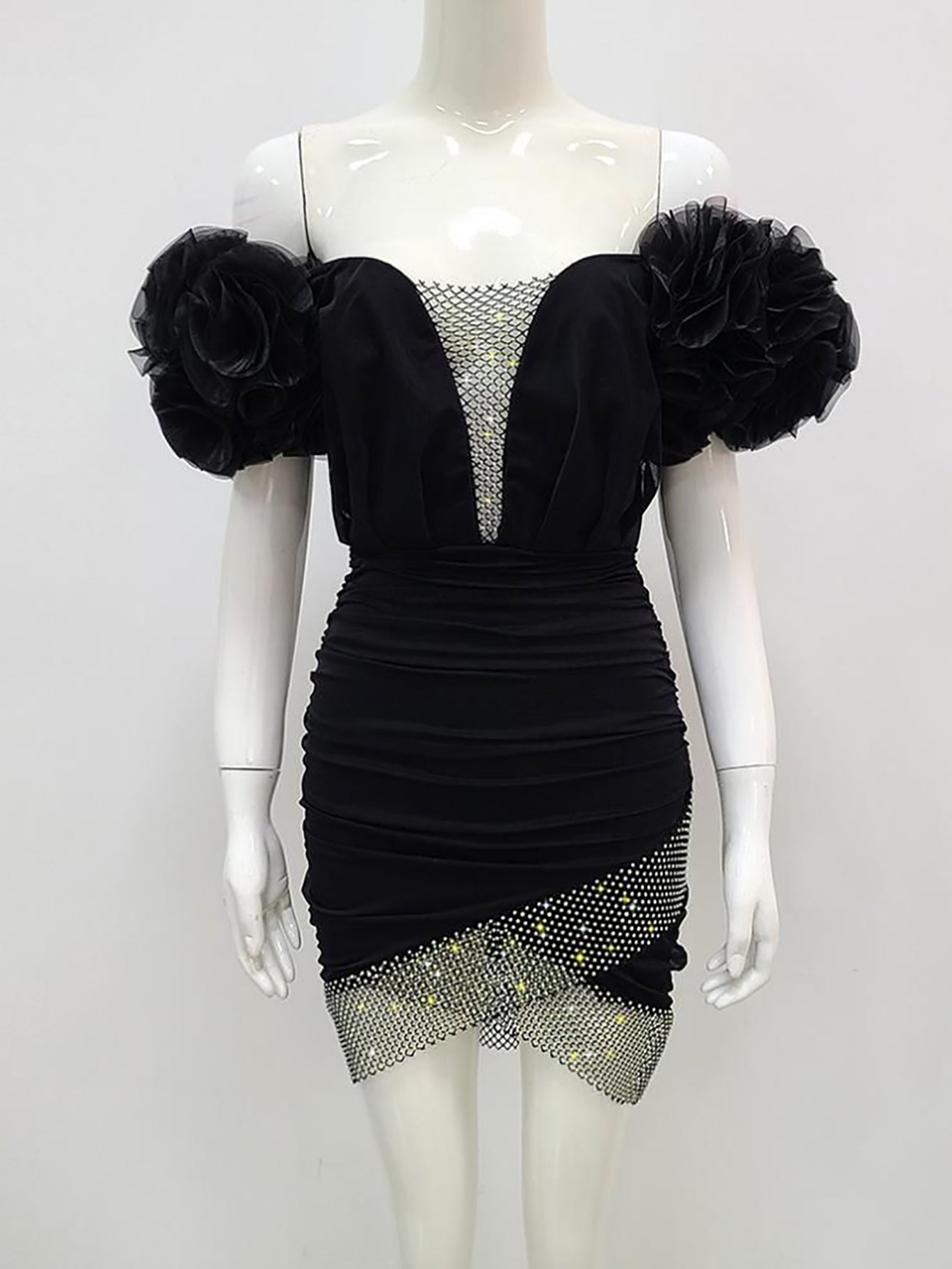 Black Off The Shoulder Short Cocktail Dress With Puffy Sleeves - Fashionpara