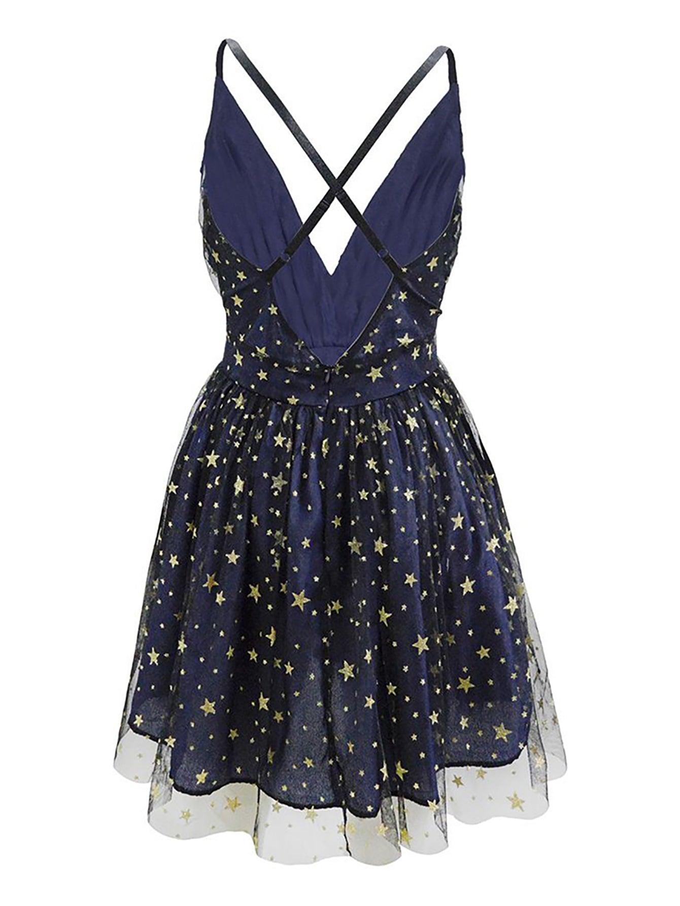 Dark Blue Stars V Neck Backless Short Cocktail Party Dress - Fashionpara