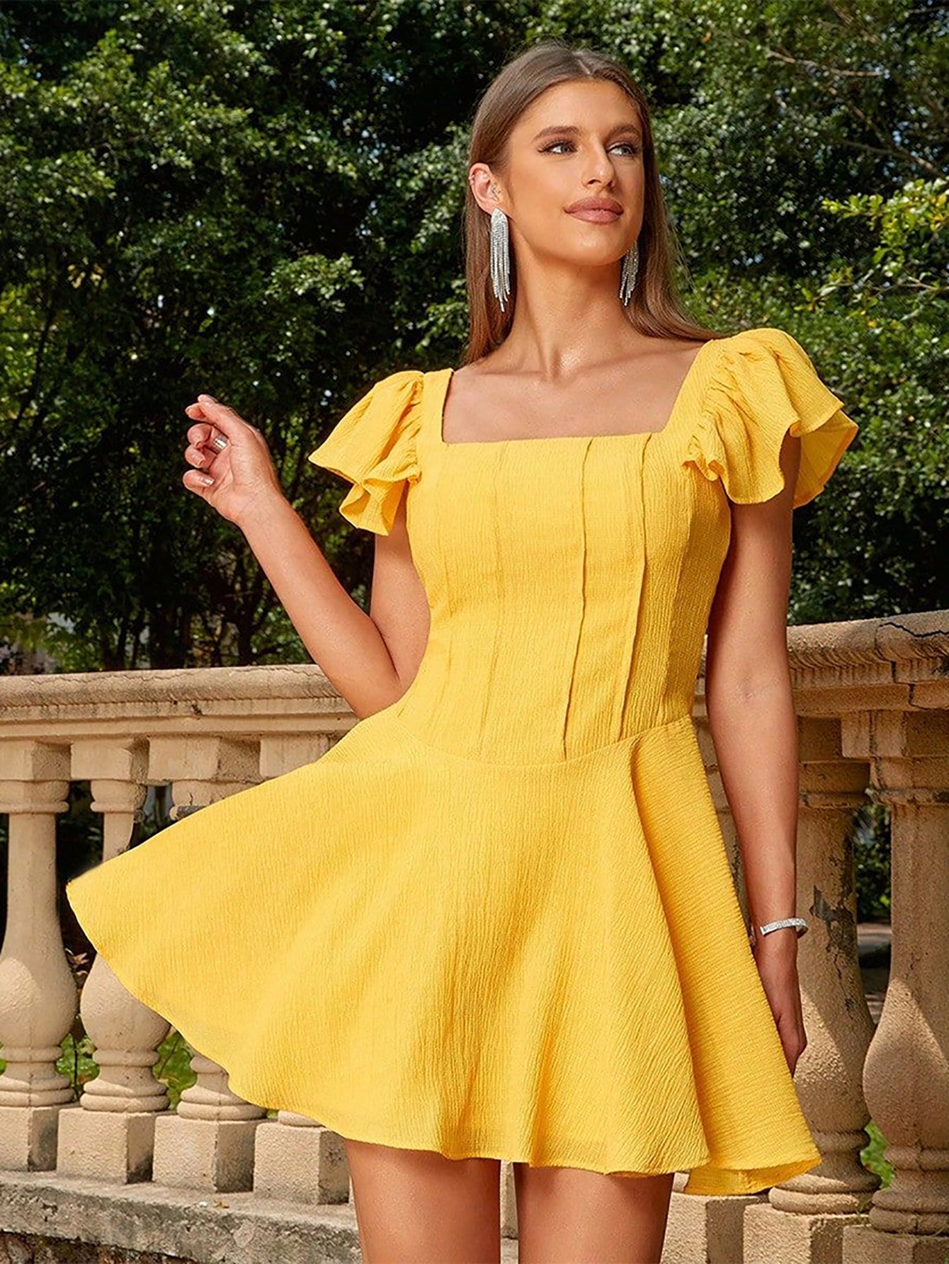 Yellow Square Neck Backless Short Cocktail Party Dress - Fashionpara