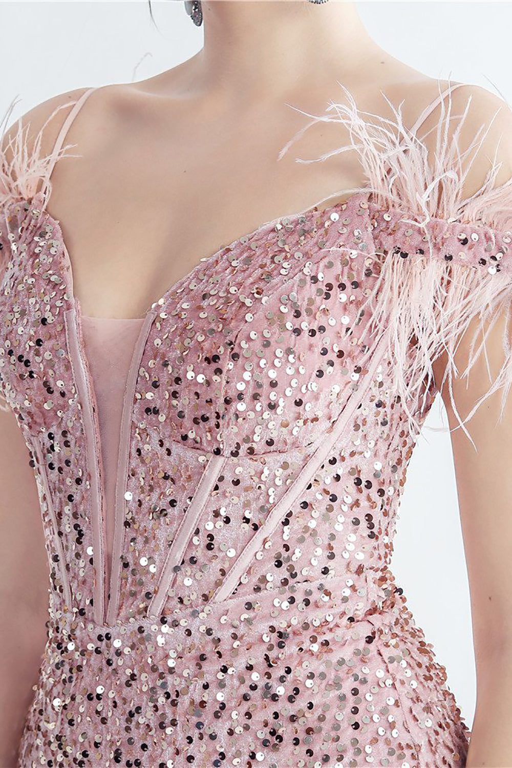Cold Shoulder Sequins Blue Corset Prom Dress with Feathers