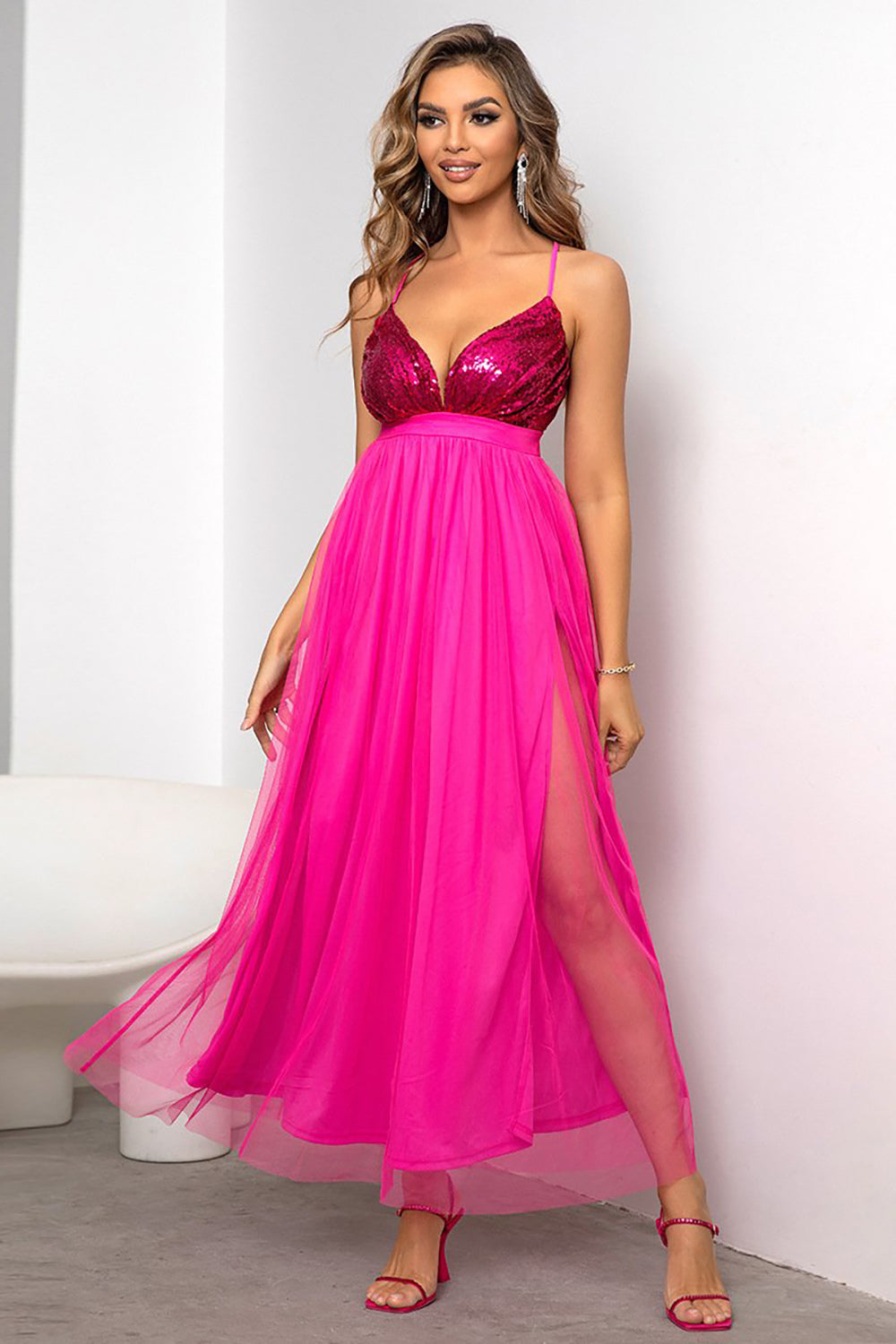 Fuchsia Deep V Neck A Line Sparkly Long Prom Dress With Slit - Fashionpara