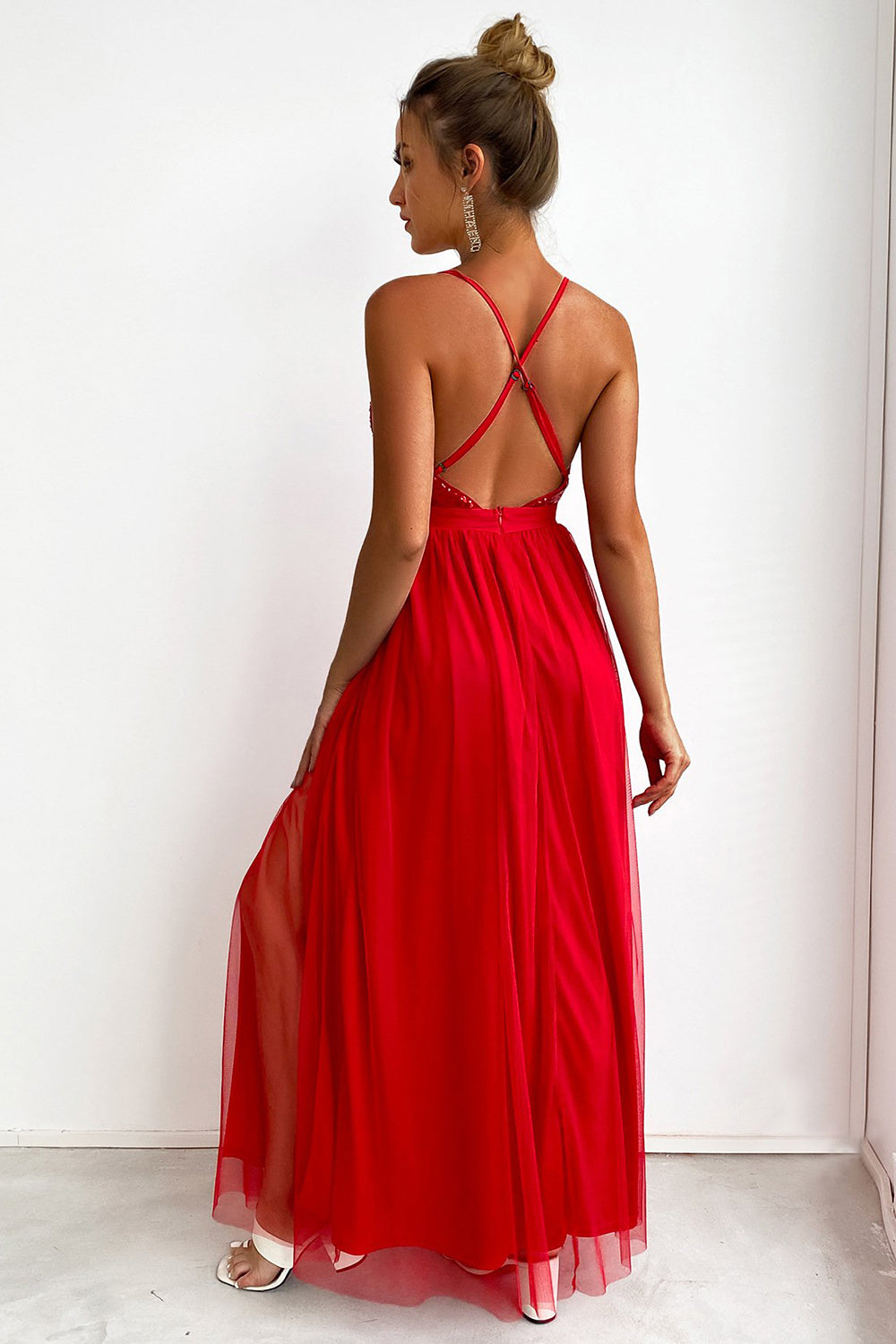 Fuchsia Deep V Neck A Line Sparkly Long Prom Dress With Slit - Fashionpara