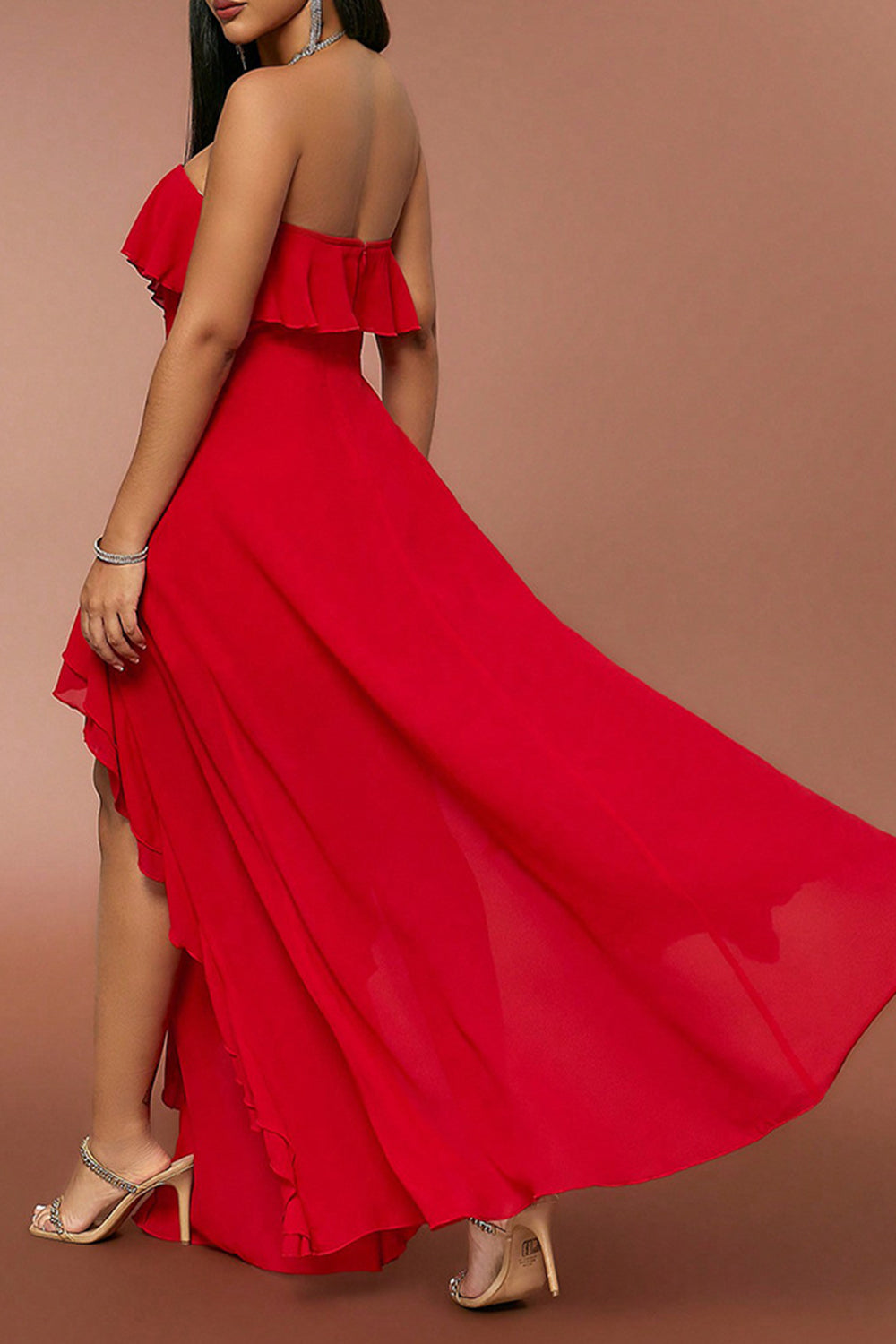 Red Strapless A Line Prom Dress with Ruffles - Fashionpara