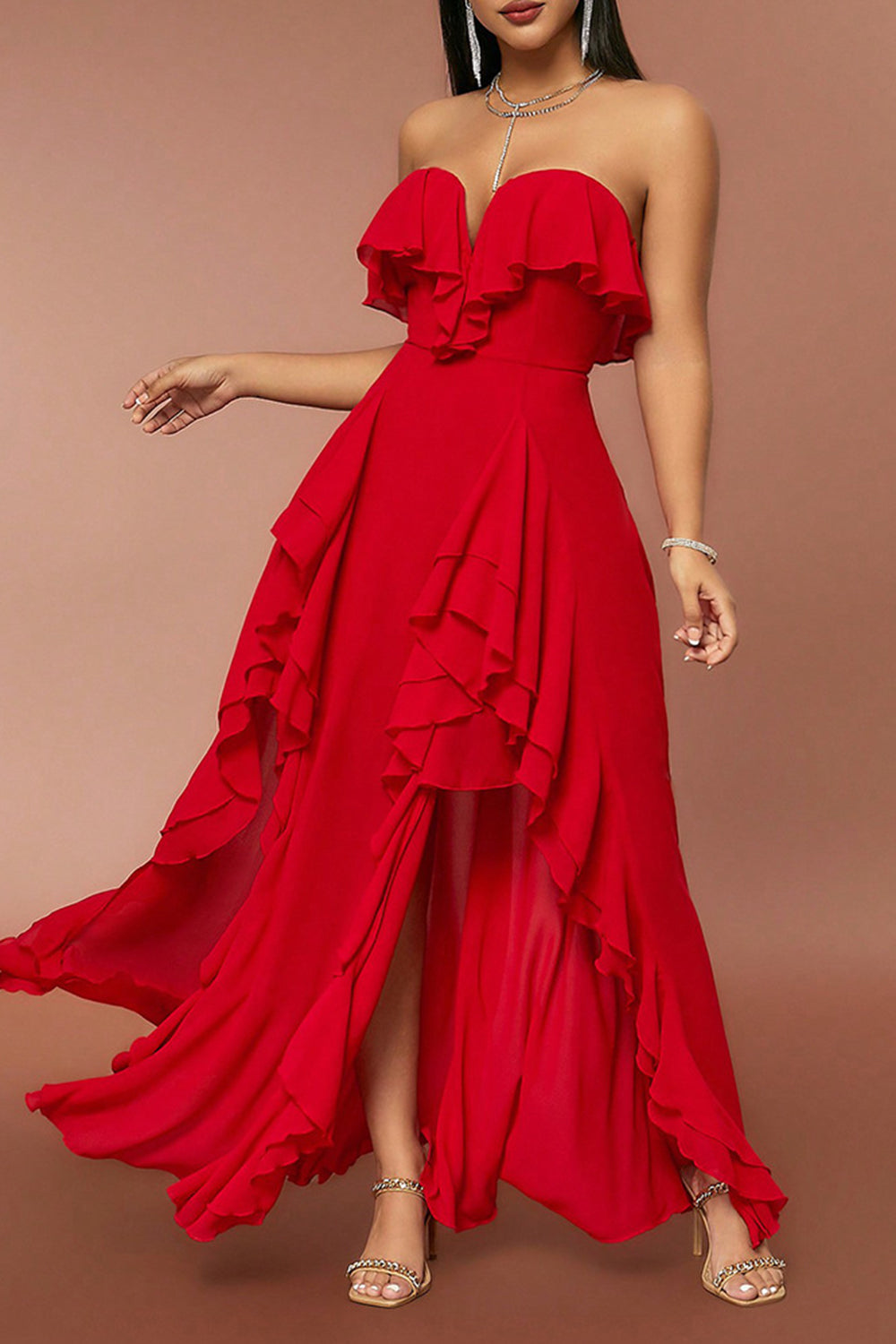 Red Strapless A Line Prom Dress with Ruffles - Fashionpara