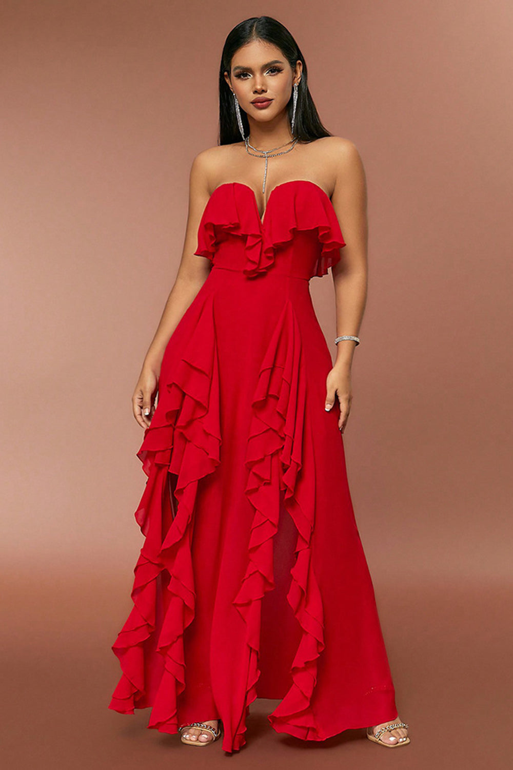 Red Strapless A Line Prom Dress with Ruffles - Fashionpara