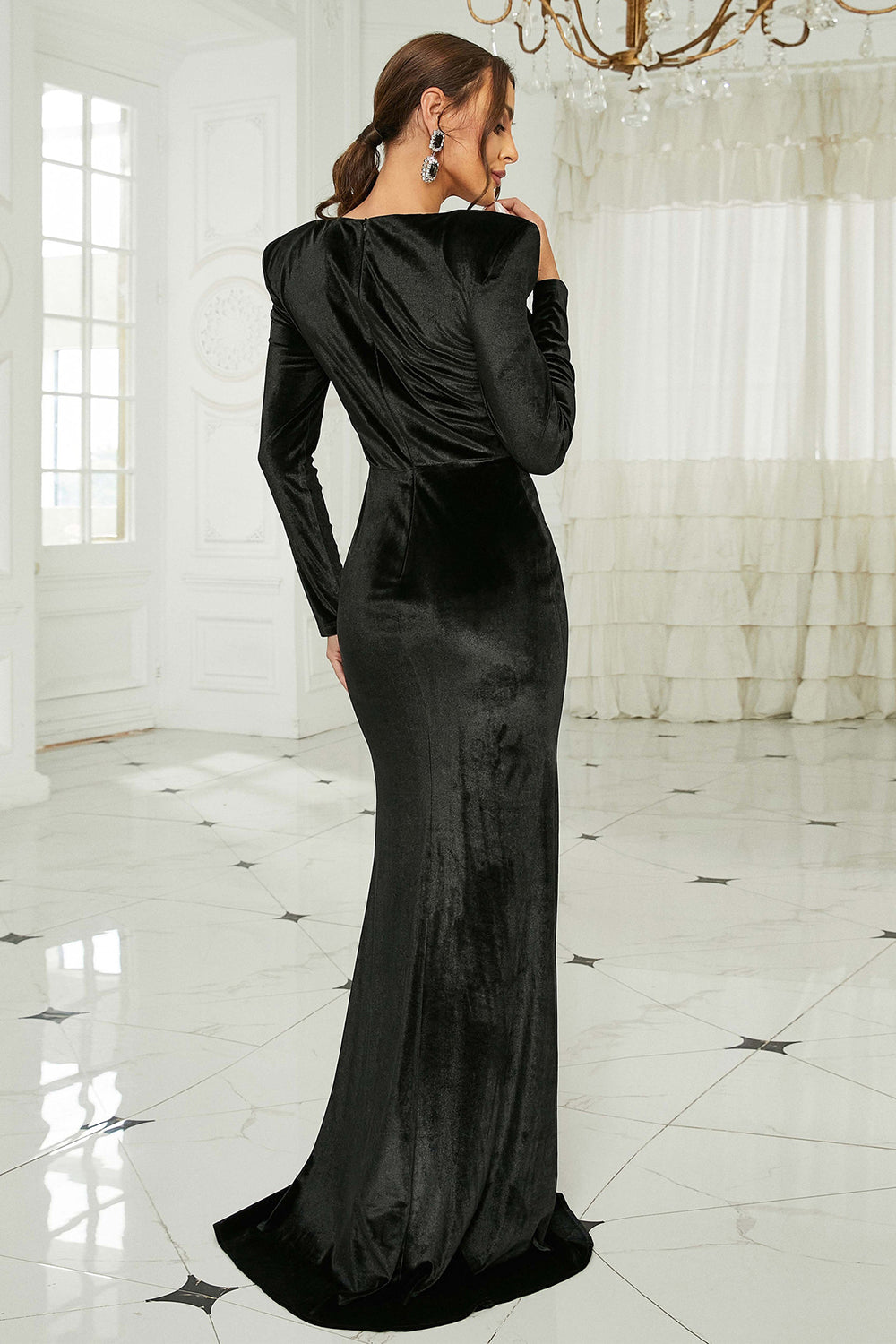 Black Sheath Mermaid Long Prom Dress With Long Sleeves - Fashionpara
