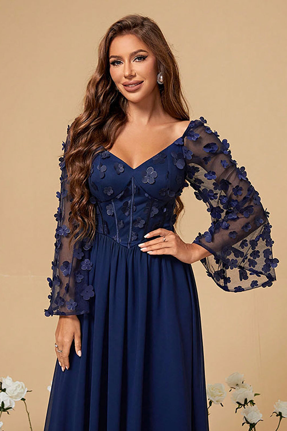 Navy A Line Long Sleeves Corset Formal Dress With Long Sleeves