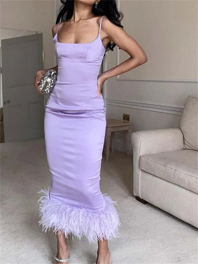 Satin Square Neck Feather Trim Slip Maxi Dress 2