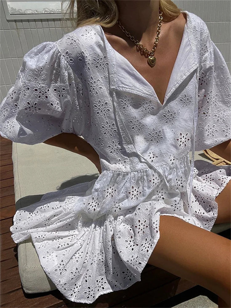 Elegant Lace Floral Vneck Mini Dresses - View 2