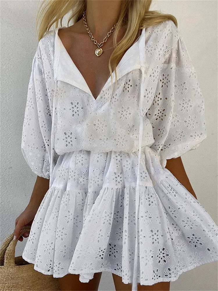 Elegant Lace Floral Vneck Mini Dresses